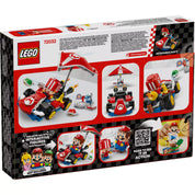 A LEGO Super Mario Mario Kart, Standard Kart 72032 dobozának hátoldala, bemutatva az építési lehetőségeket és a szett részleteit.