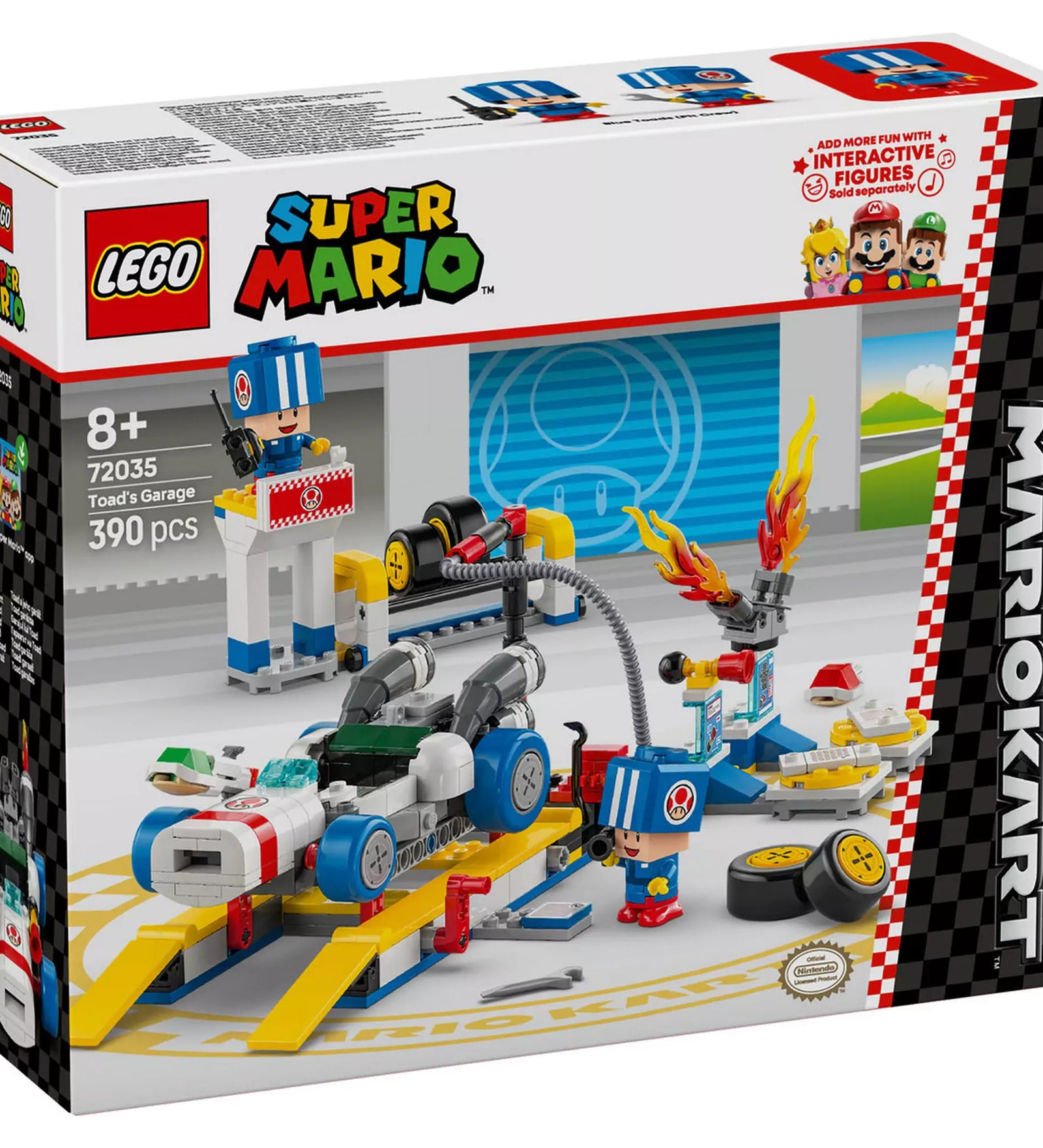 A LEGO Super Mario Mario Kart, Toad garázsa (72035) szett doboza, amely bemutatja a készlet tartalmát és a szórakoztató építési élményt.