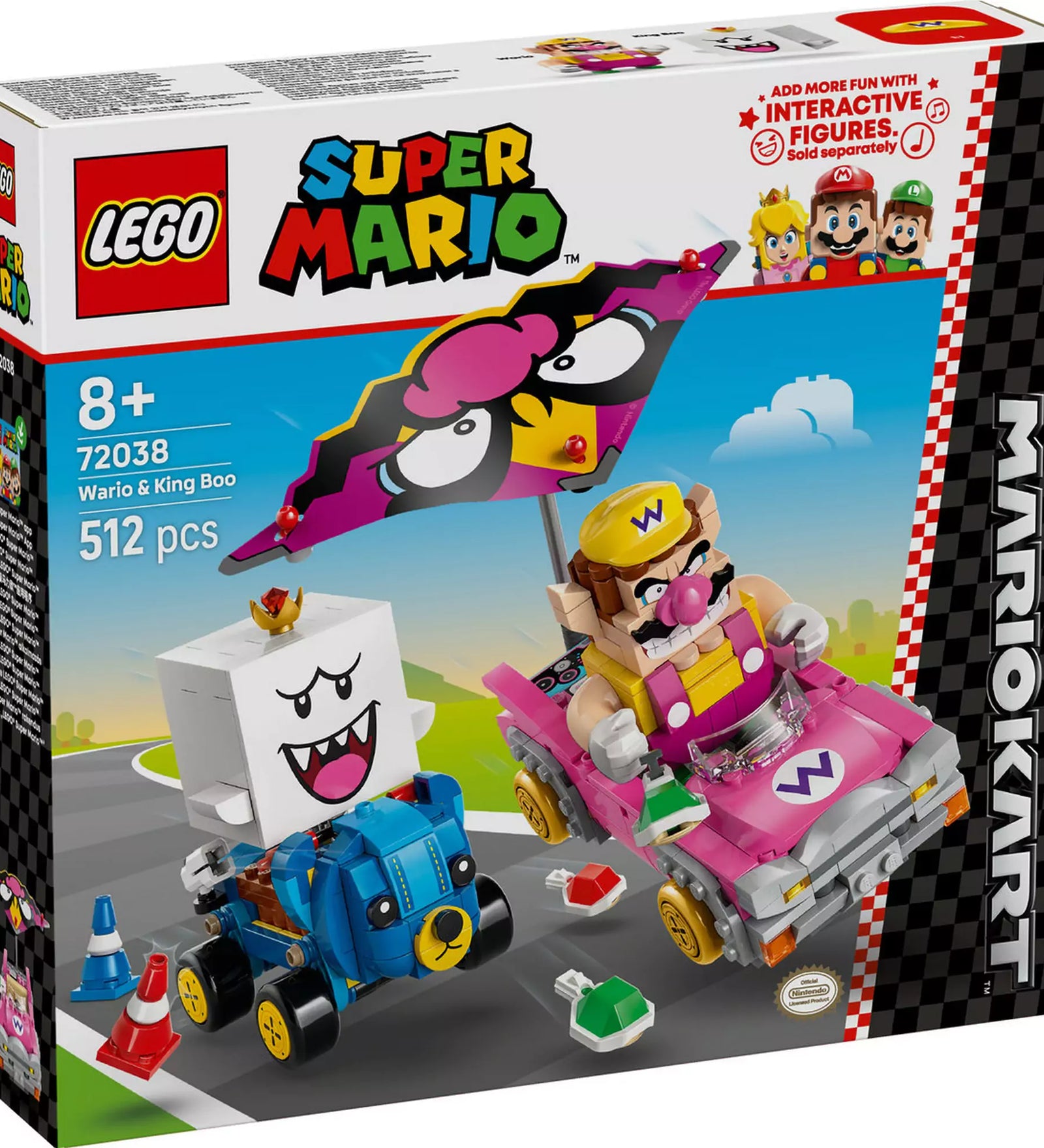 LEGO Super Mario: Mario Kart – Wario és King Boo dobozkép, Wario rózsaszín Badwagon és King Boo kék Teddy Buggy gokartjaival.