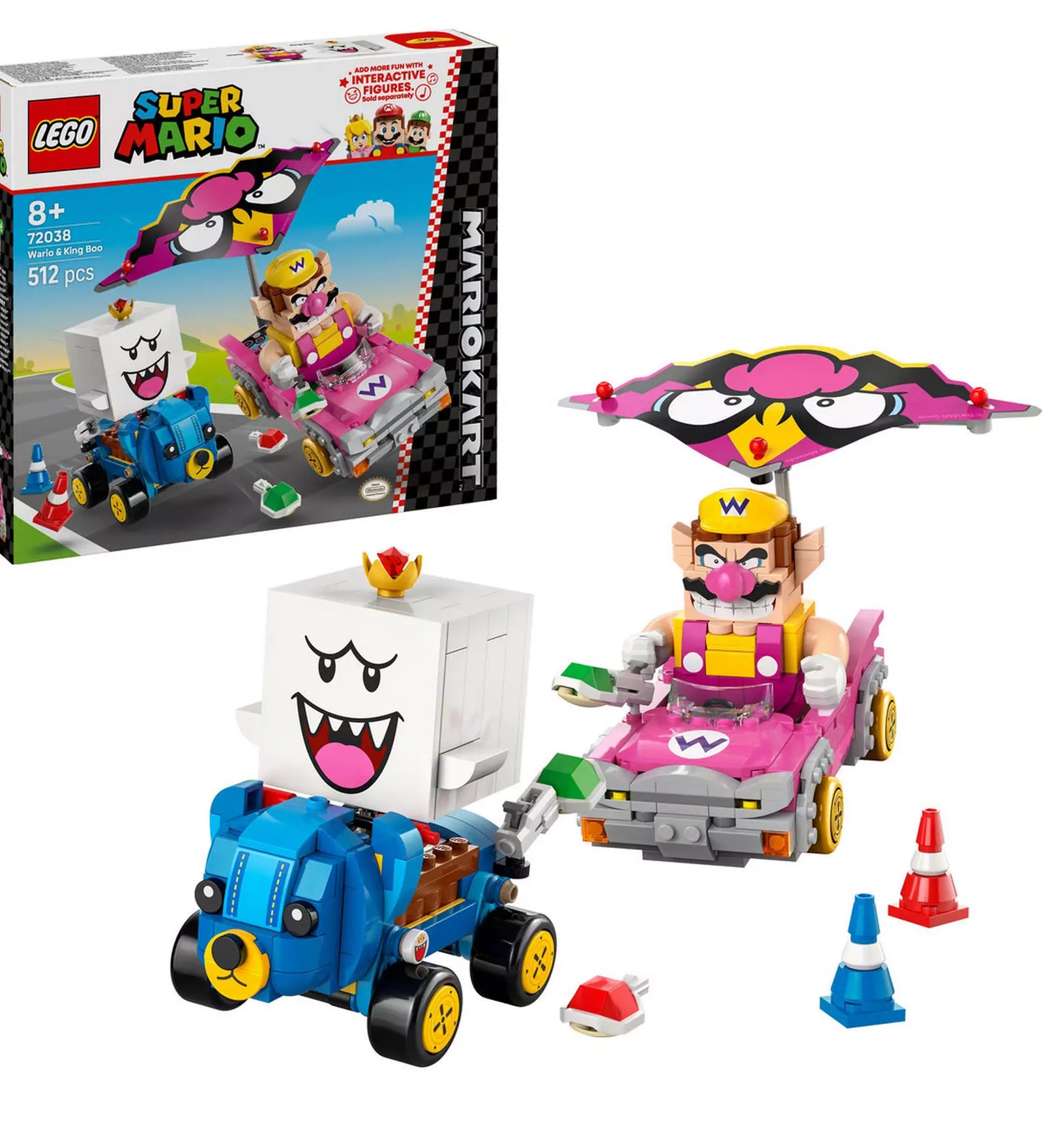 LEGO Super Mario: Mario Kart – Wario és King Boo teljes készlet, doboz és összerakott gokartok bójákkal és kagylóval.