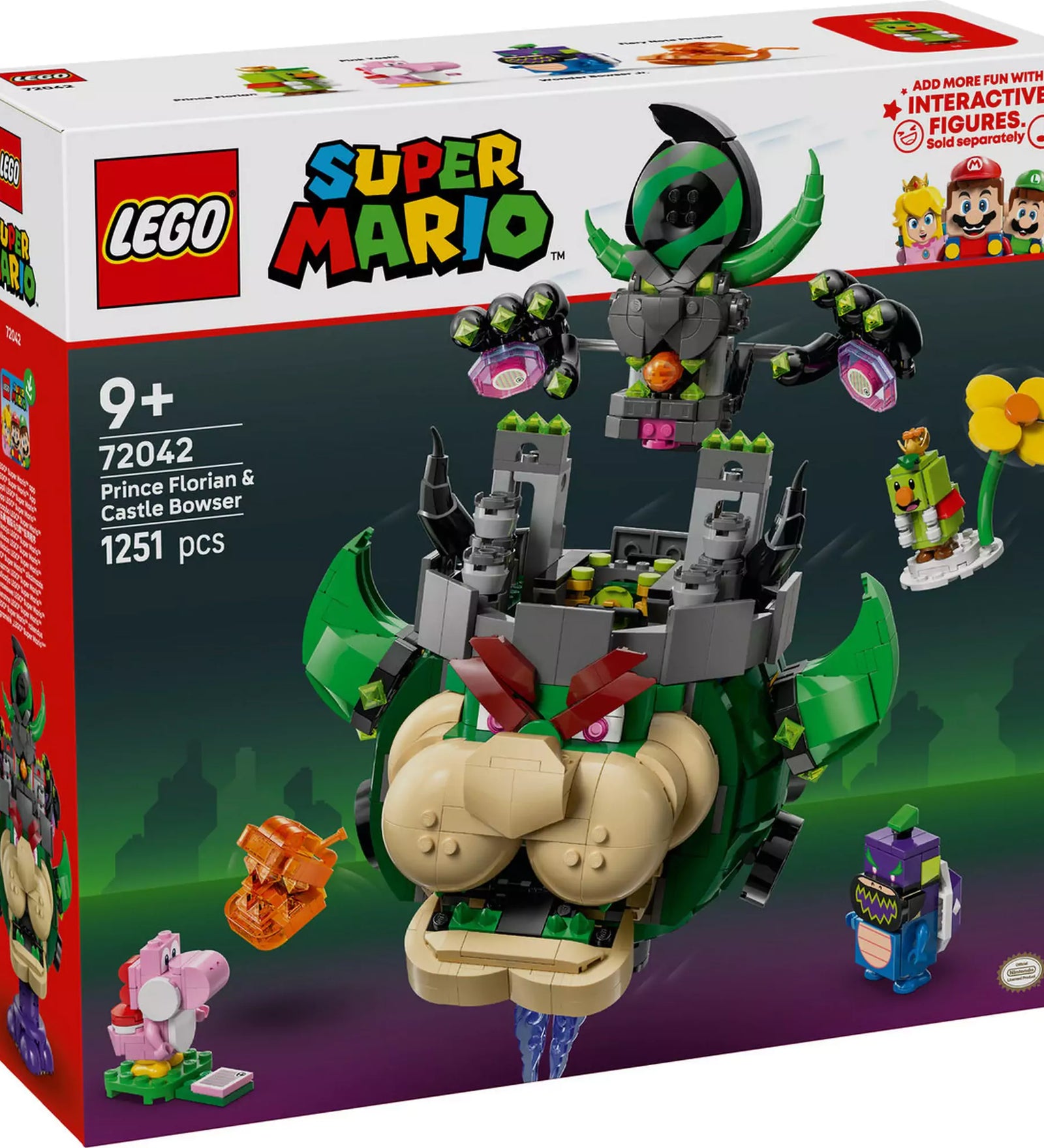 „LEGO Super Mario: Prince Florian és Bowser kastélya (72042) doboz, a készlet figuráival és a hatalmas Bowser fejjel.”