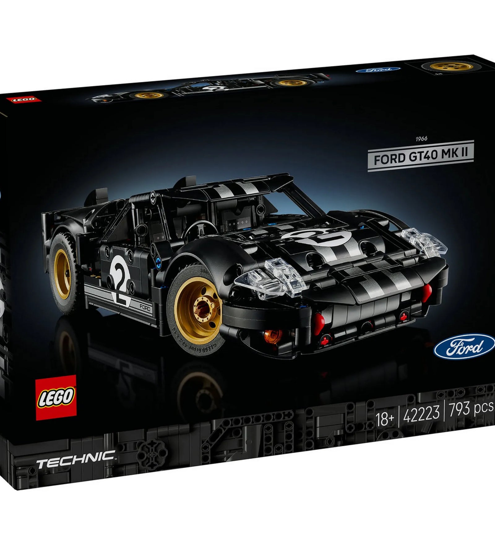 LEGO Technic 1966 Ford GT40 MKII (42223) versenyautó építőkészlet doboza, fekete-ezüst színű klasszikus Ford GT40 modell elölnézetben