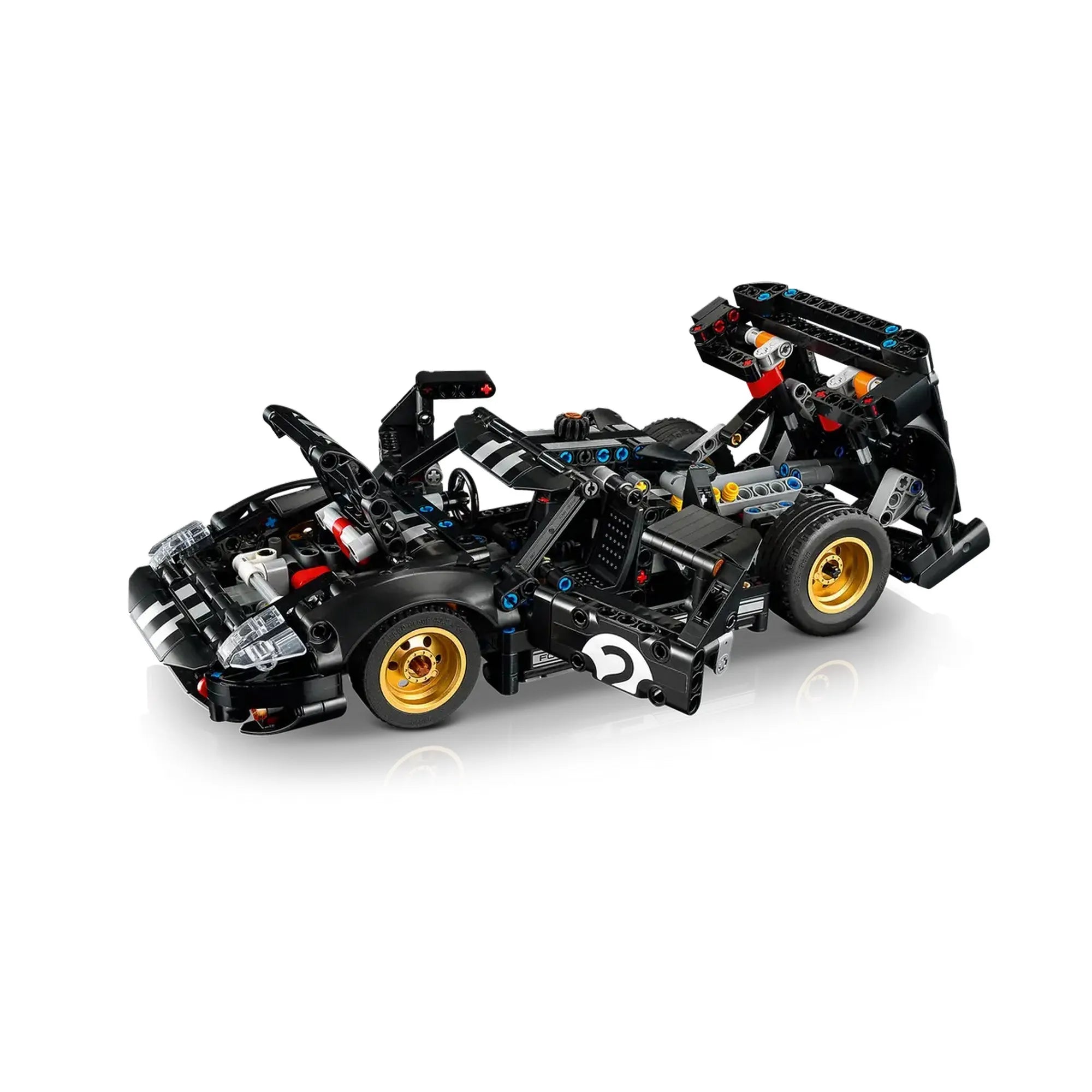 LEGO Technic Ford GT40 MKII részben szétszerelt állapotban, jól látható belső váz, kormánymechanizmus és hajtáslánc