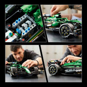 Részletképek a LEGO Technic Aston Martin AMR25 modell funkcióiról és mechanikájáról.