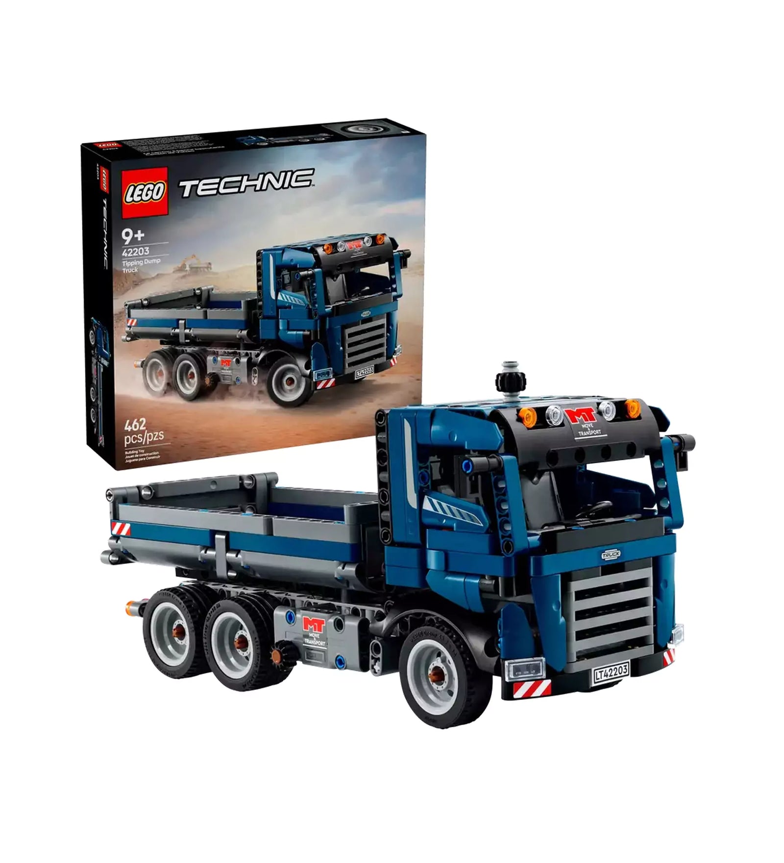  LEGO Technic Billenőplatós teherautó (42203) összeépített modellje a doboza előtt.