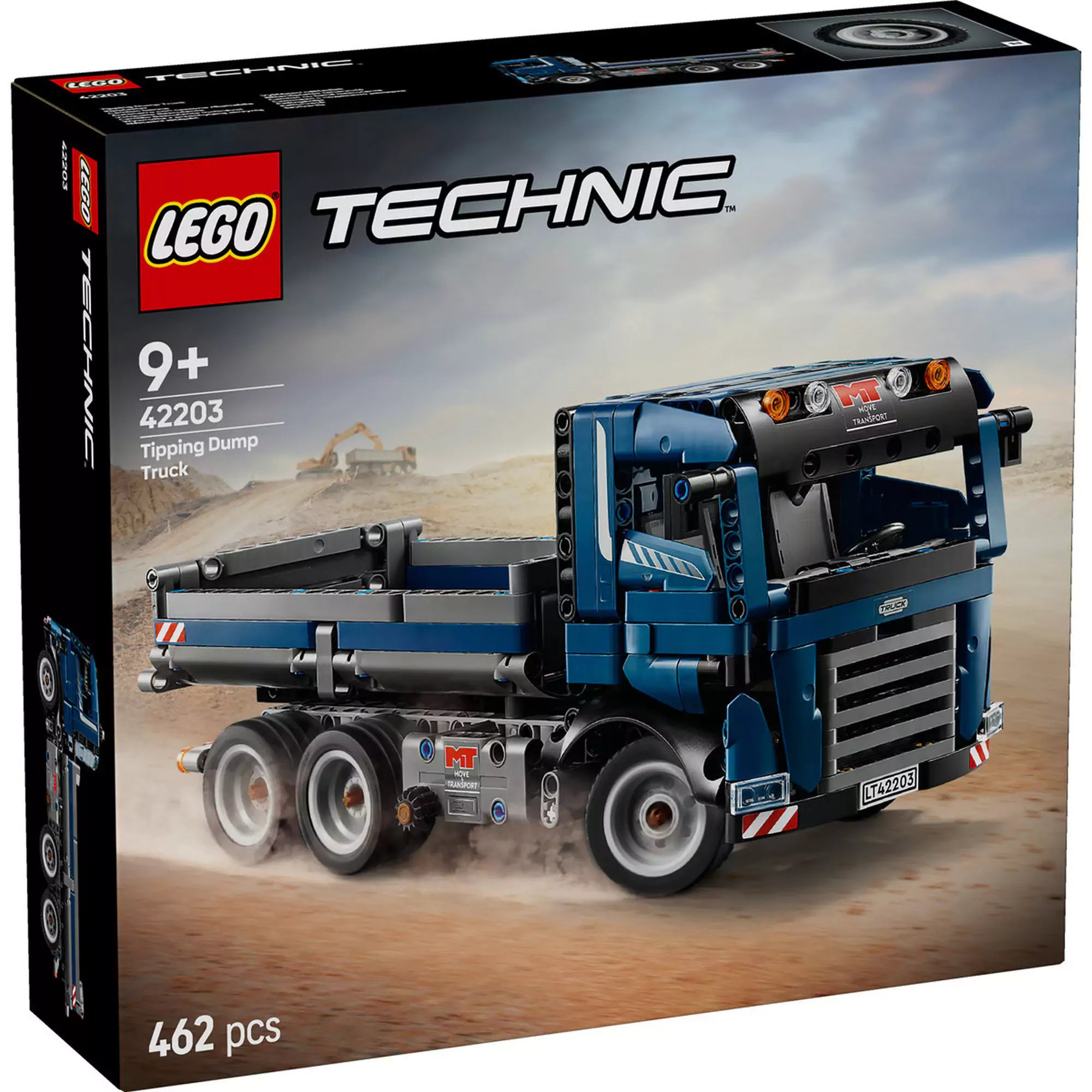 LEGO Technic Billenőplatós teherautó (42203) doboza szemből, homokos építkezési háttérrel.