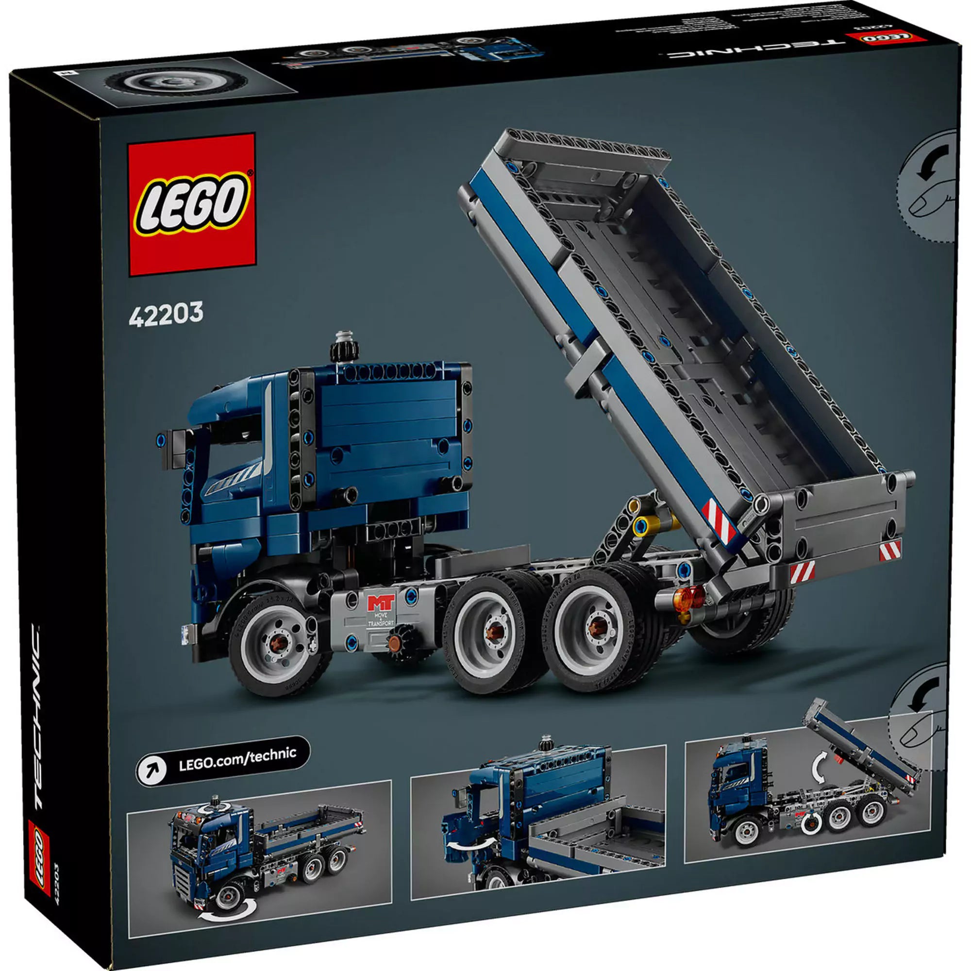 LEGO Technic Billenőplatós teherautó (42203) hátulról, megemelt platóval, bemutatva a működési mechanizmust.