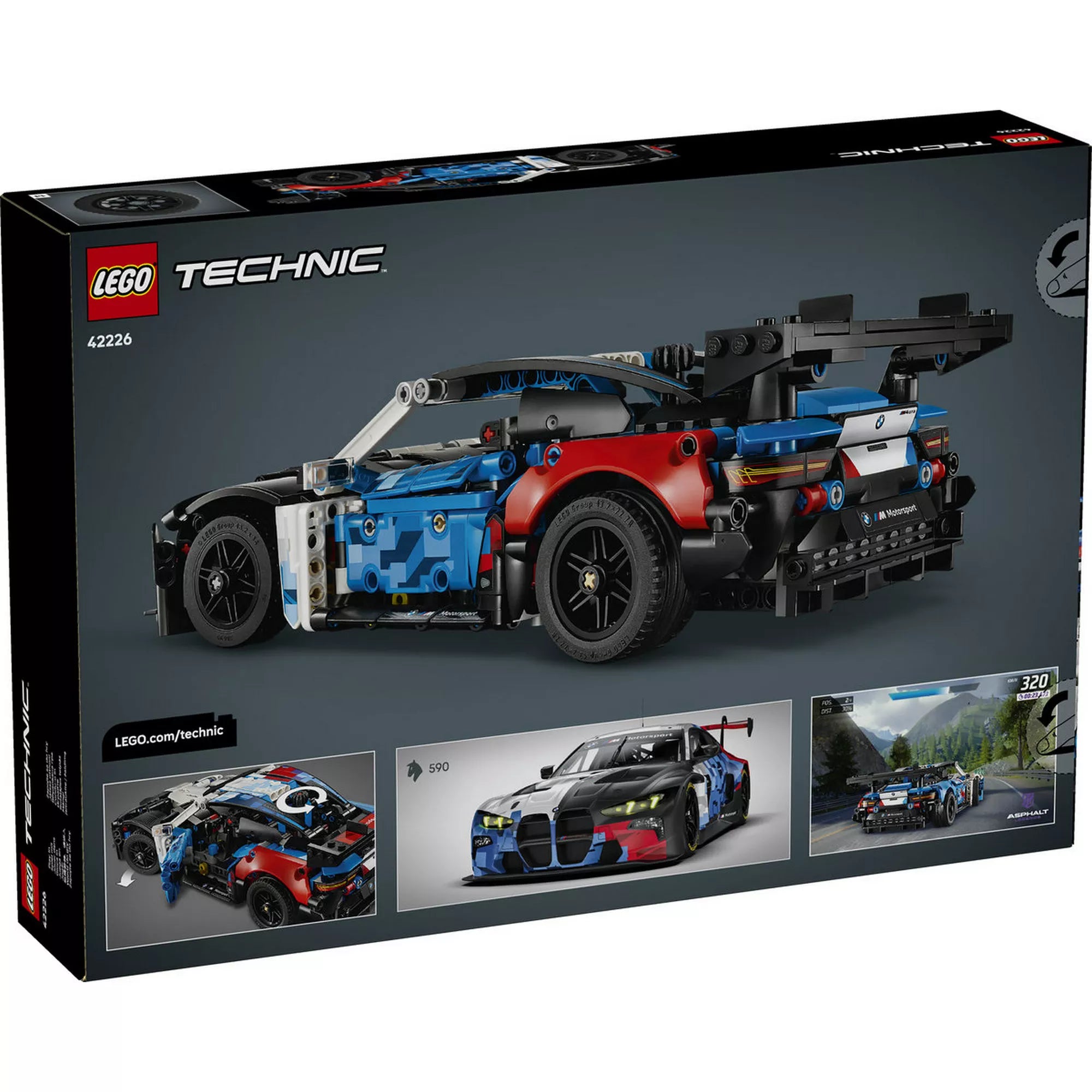 LEGO Technic BMW M4 GT3 EVO 42226 doboz hátoldala, a versenyautó részleteivel és az Asphalt Legends videojáték funkcióval.