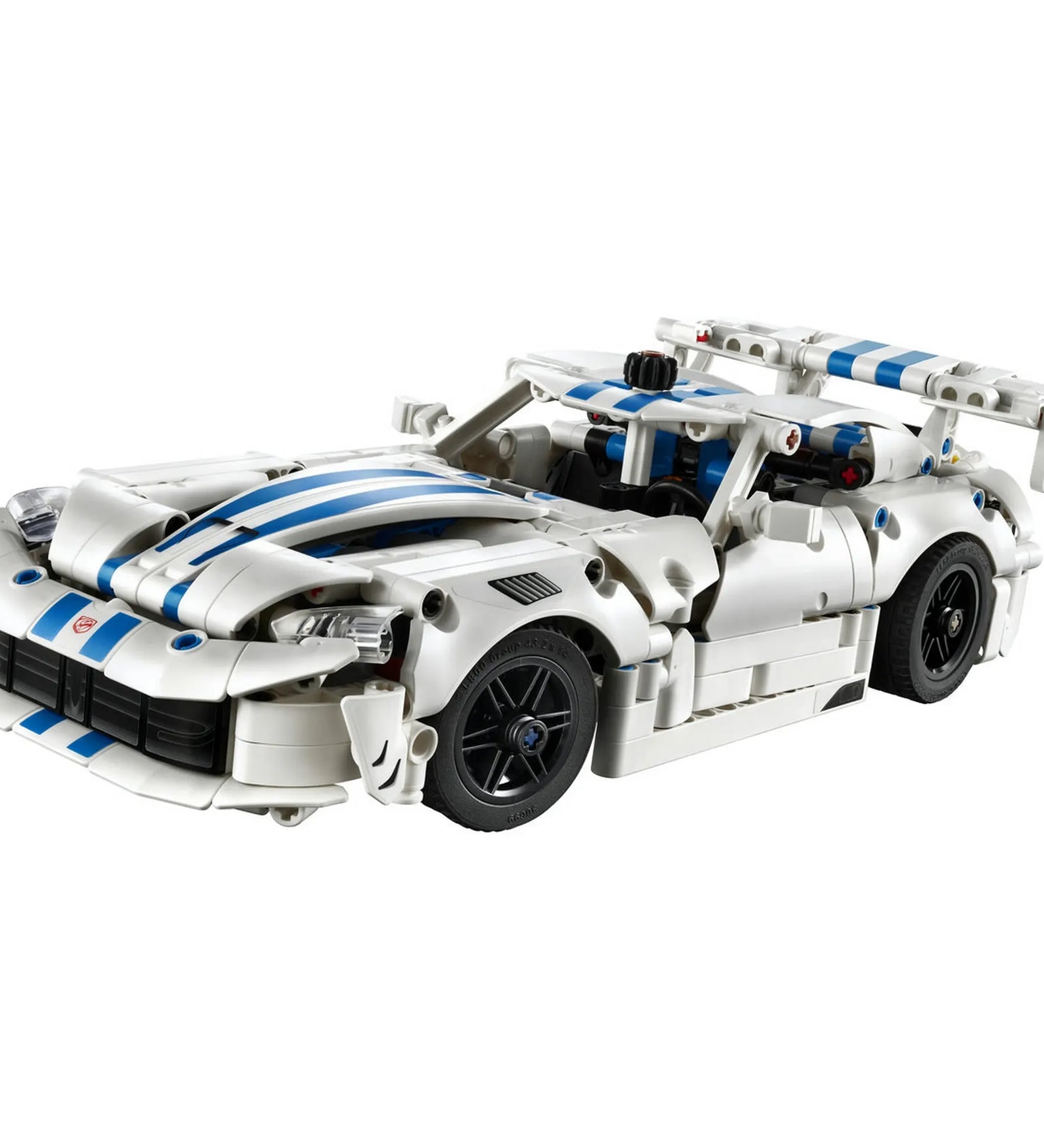 A LEGO Technic: Dodge Viper GTS-R sportautó 42234 megépített versenyautó fehér háttéren.