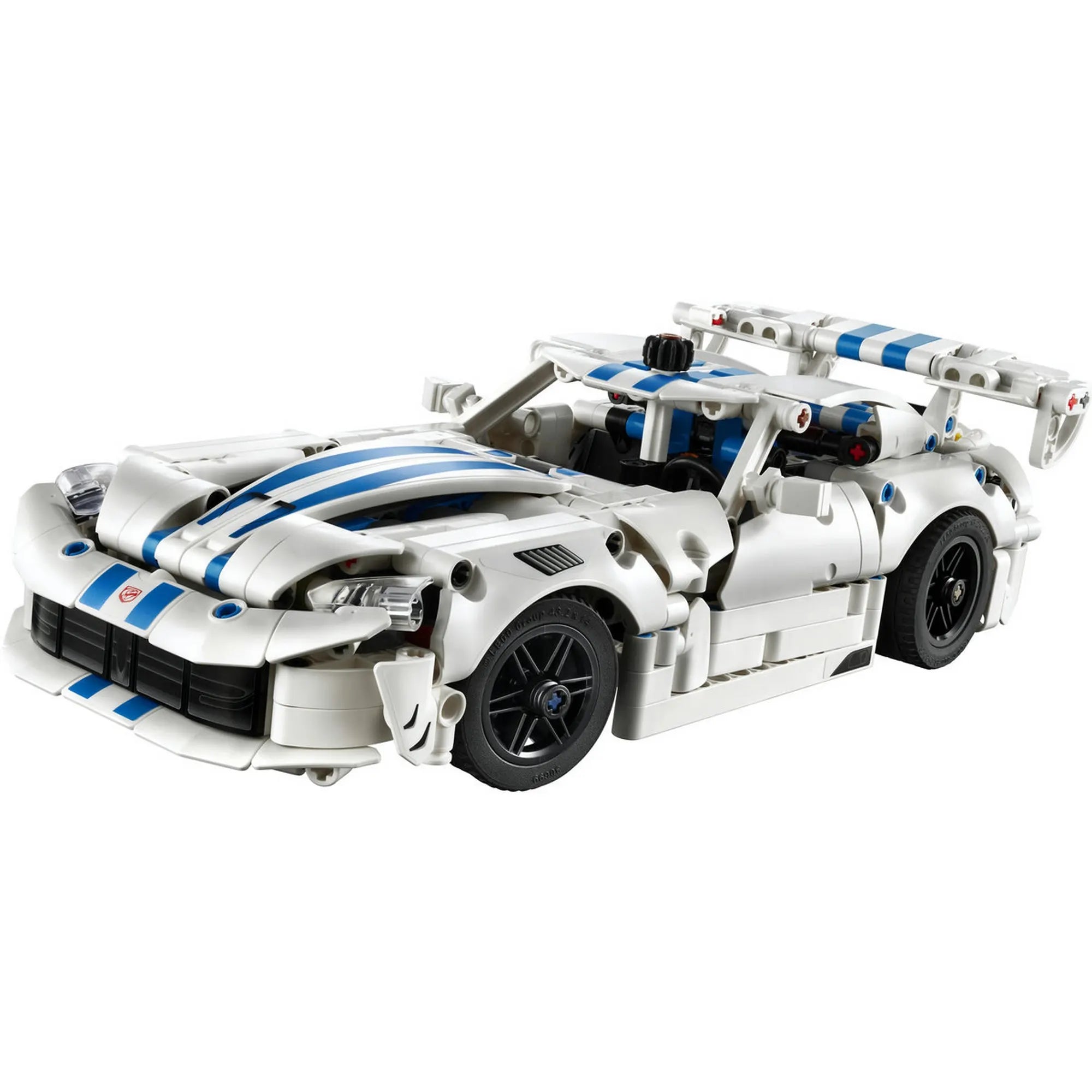 A LEGO Technic: Dodge Viper GTS-R sportautó 42234 megépített versenyautó fehér háttéren.