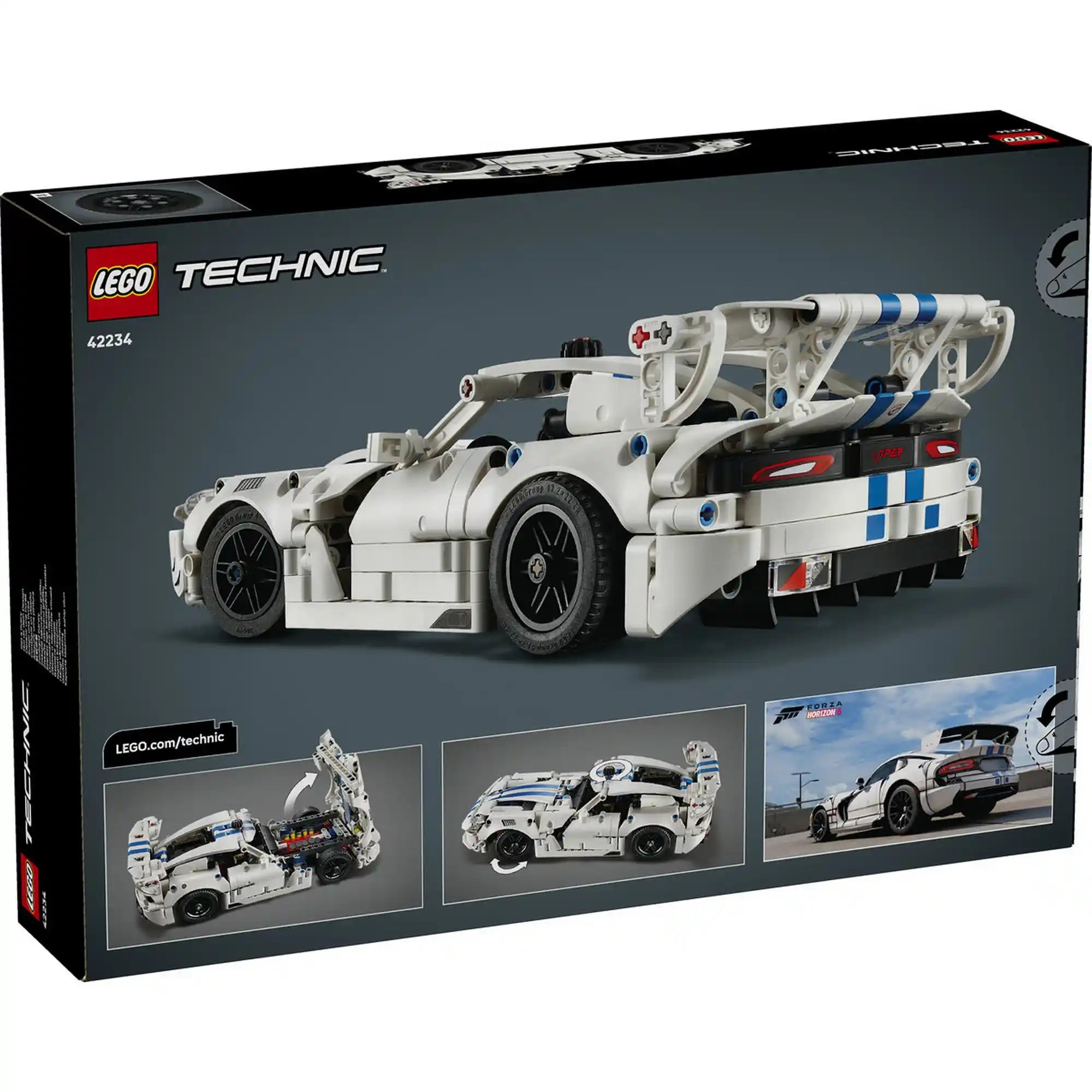 A LEGO Technic: Dodge Viper GTS-R sportautó 42234 dobozának hátoldala a modell funkcióival és részleteivel.
