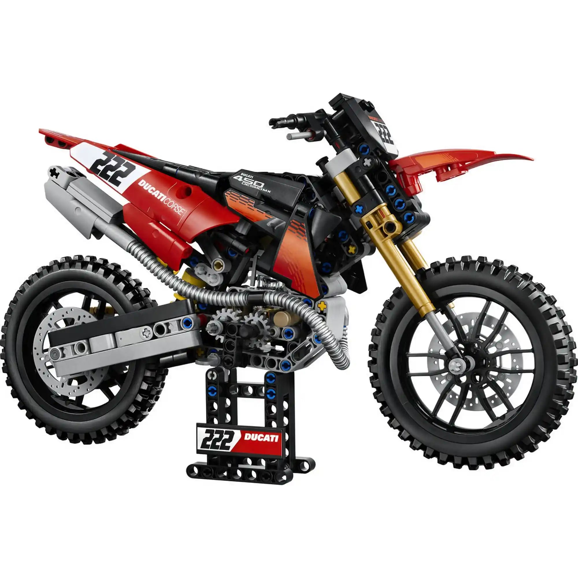 A LEGO Technic: Ducati Desmo450 MX Factory motorkerékpár 42238 megépített motocross motor fehér háttéren.
