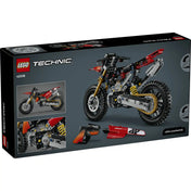 A LEGO Technic: Ducati Desmo450 MX Factory motorkerékpár 42238 dobozának hátoldala a modell funkcióival és levehető idomelemeivel.