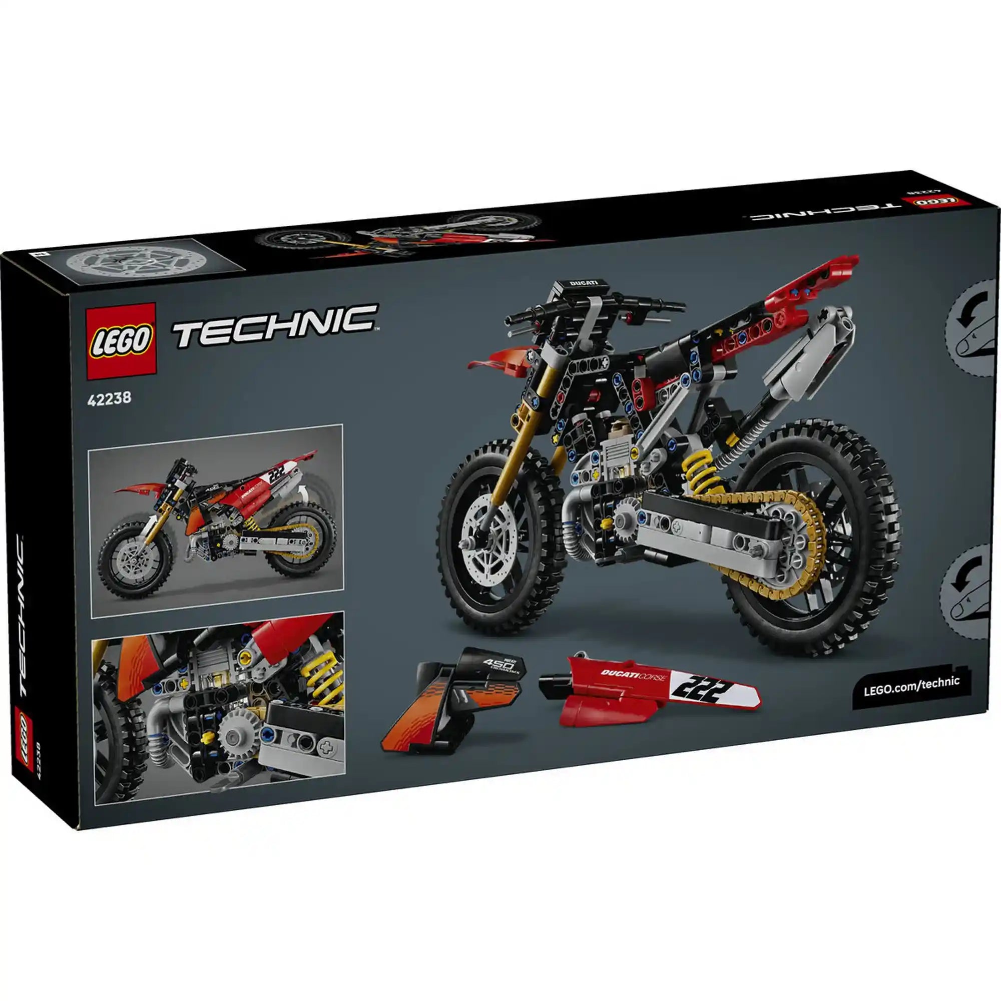 A LEGO Technic: Ducati Desmo450 MX Factory motorkerékpár 42238 dobozának hátoldala a modell funkcióival és levehető idomelemeivel.
