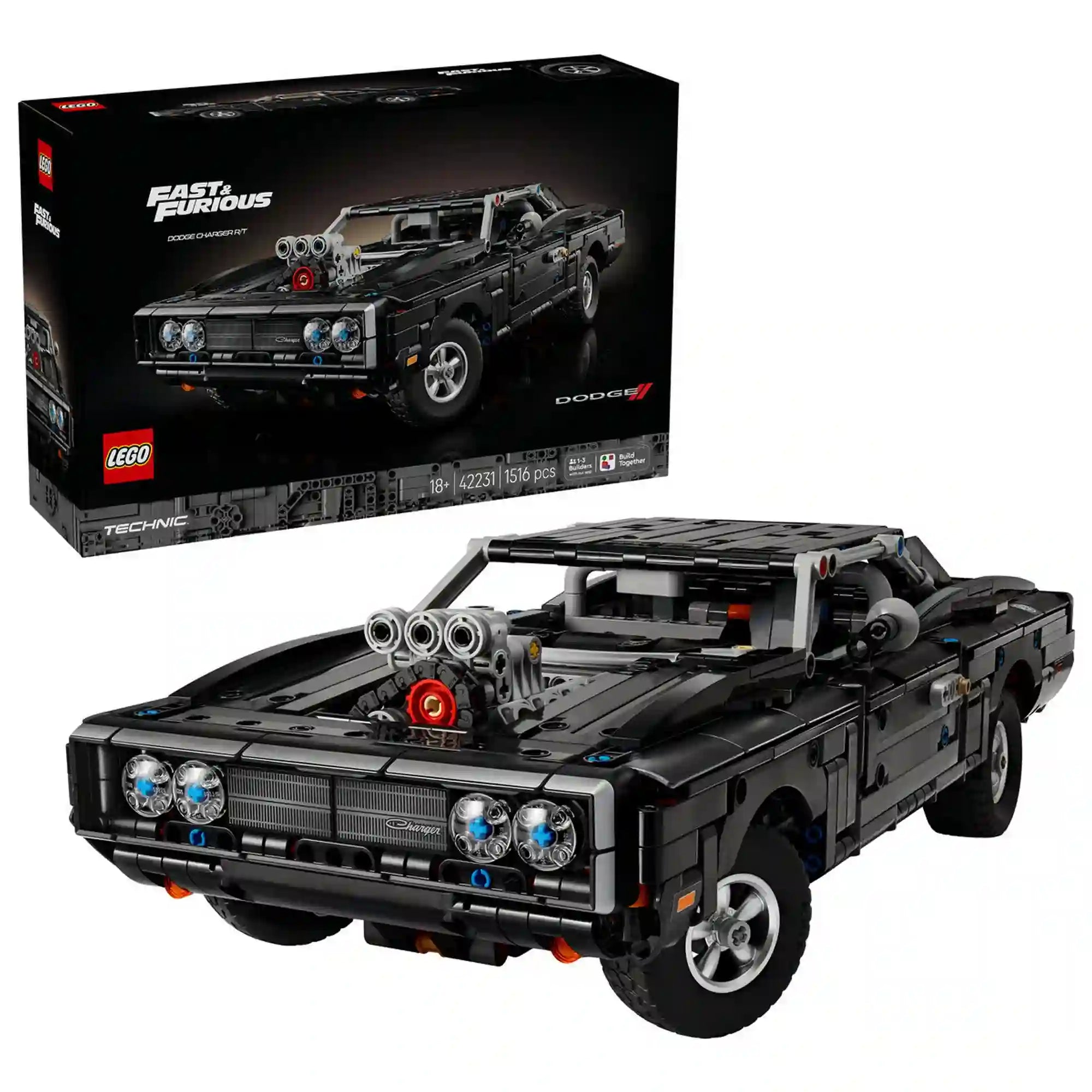 LEGO Technic Fast and Furious Dodge Charger R/T 42231 készlet dobozképe és az összeépített fekete izomautó kompresszoros V8-as motorral.