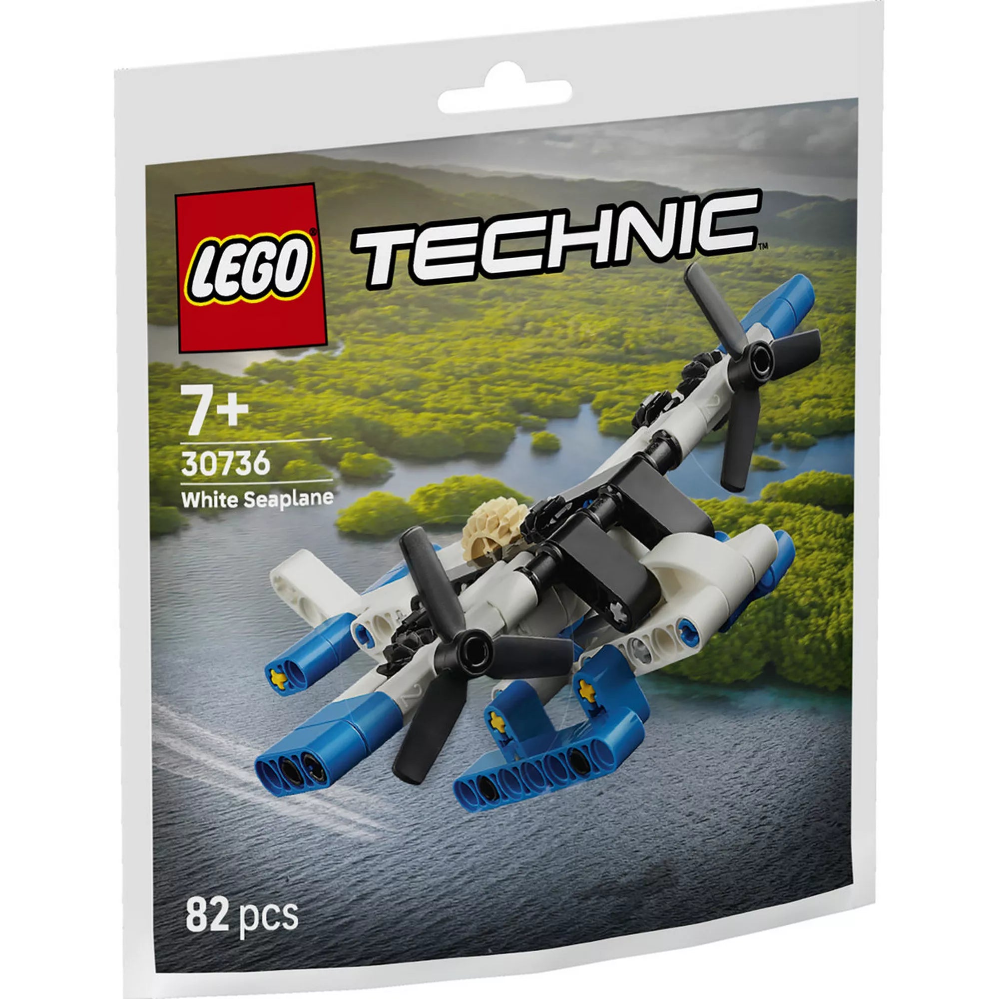 LEGO Technic Fehér hidroplán 30736 dobozkép, kis méretű úszótalpas repülőmodell 82 darabos LEGO Technic készletben.