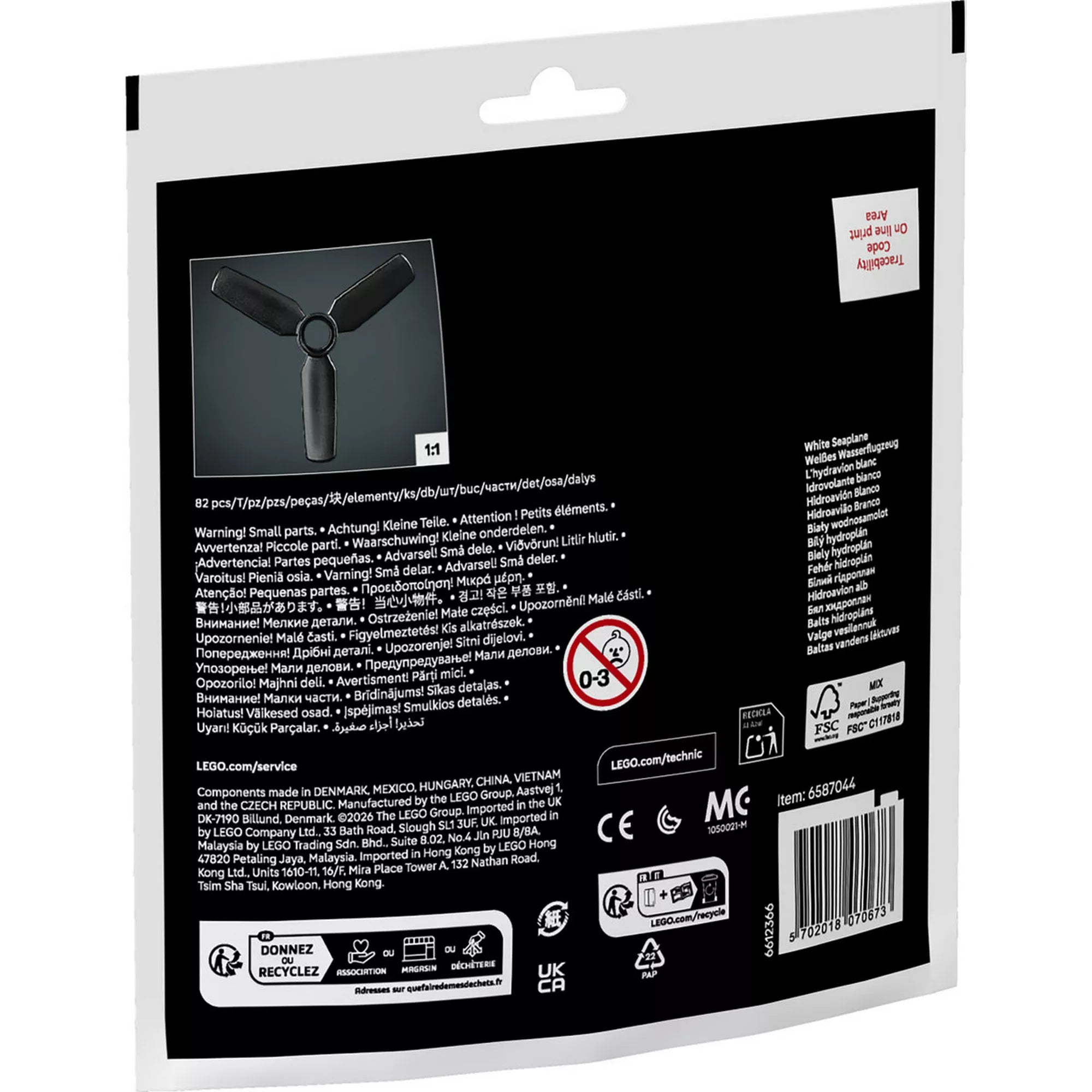 LEGO Technic 30736 hidroplán készlet hátoldala, a csomag tartalmával és a forgatható légcsavar elemmel.