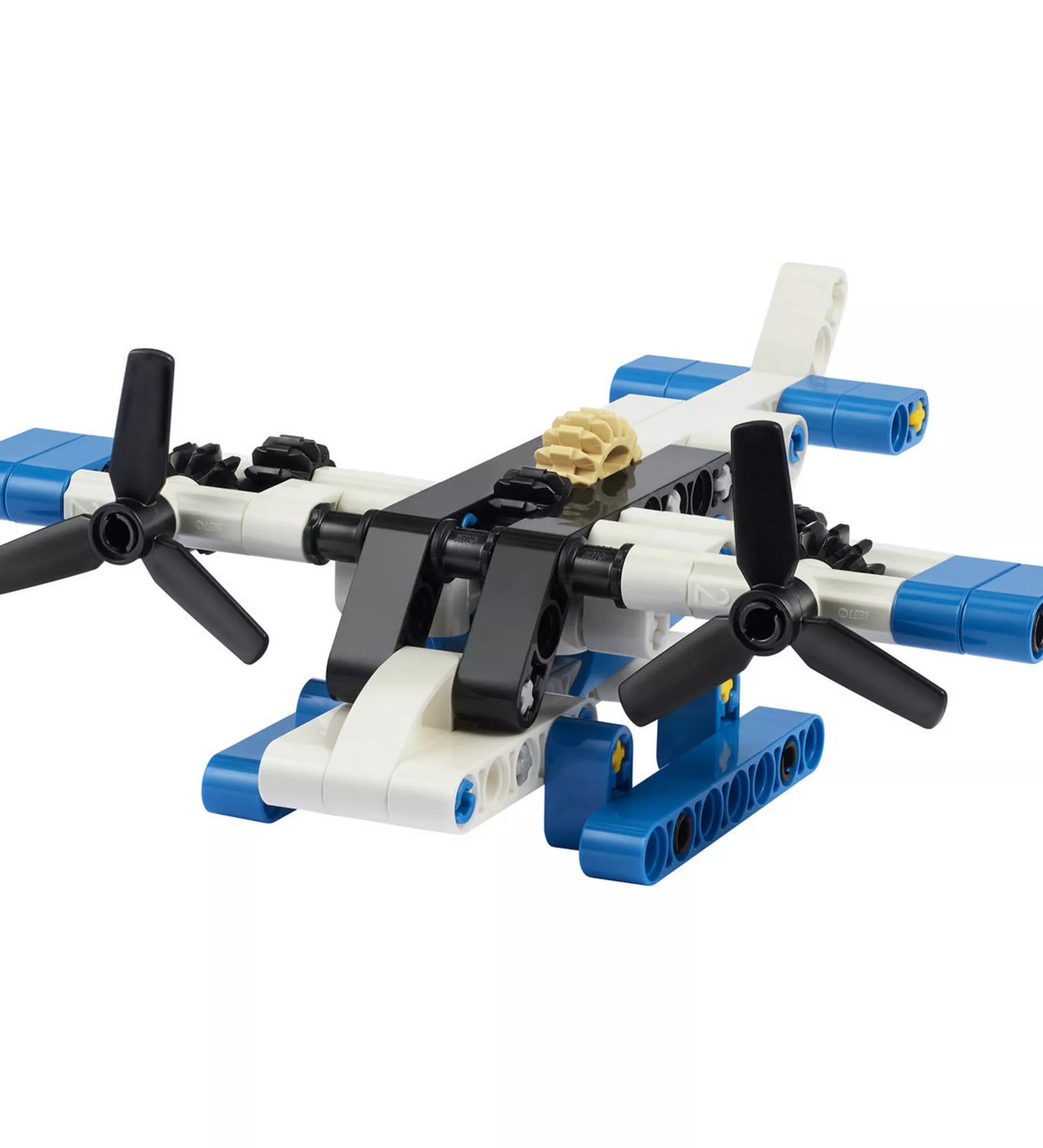 LEGO Technic Fehér hidroplán 30736 megépített modell kék úszótalpakkal és forgatható propellerekkel.