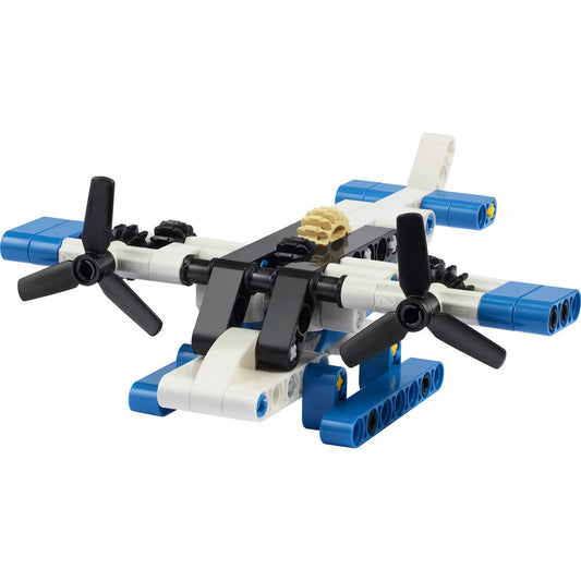 LEGO Technic Fehér hidroplán 30736 megépített modell kék úszótalpakkal és forgatható propellerekkel.