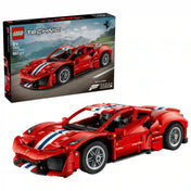 A LEGO Technic: Ferrari 488 Pista 42235 megépített modellje a készlet dobozával együtt.