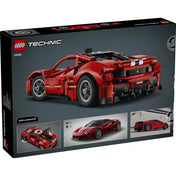 A LEGO Technic: Ferrari 488 Pista 42235 dobozának hátoldala a modell funkcióival és részleteivel.