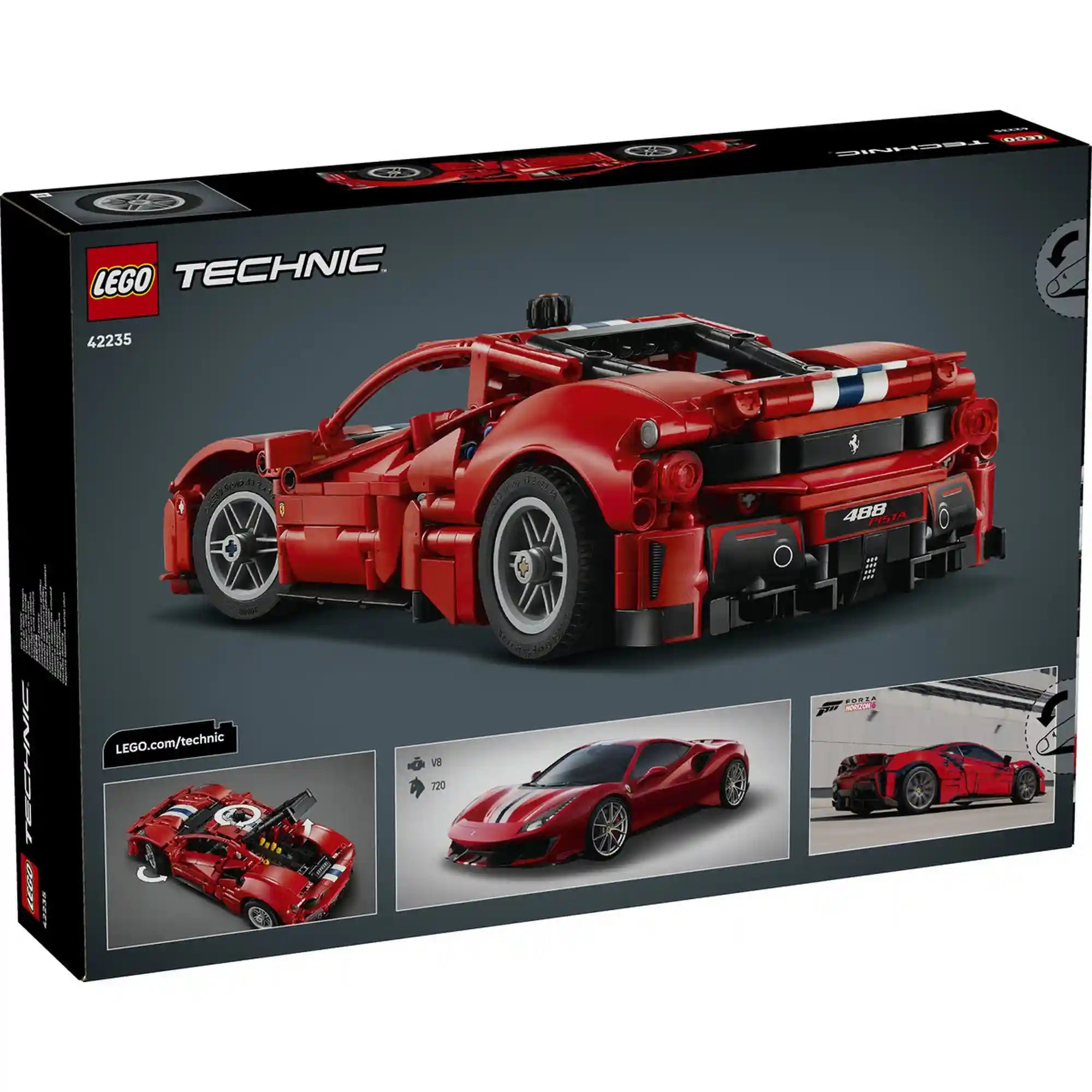 A LEGO Technic: Ferrari 488 Pista 42235 dobozának hátoldala a modell funkcióival és részleteivel.