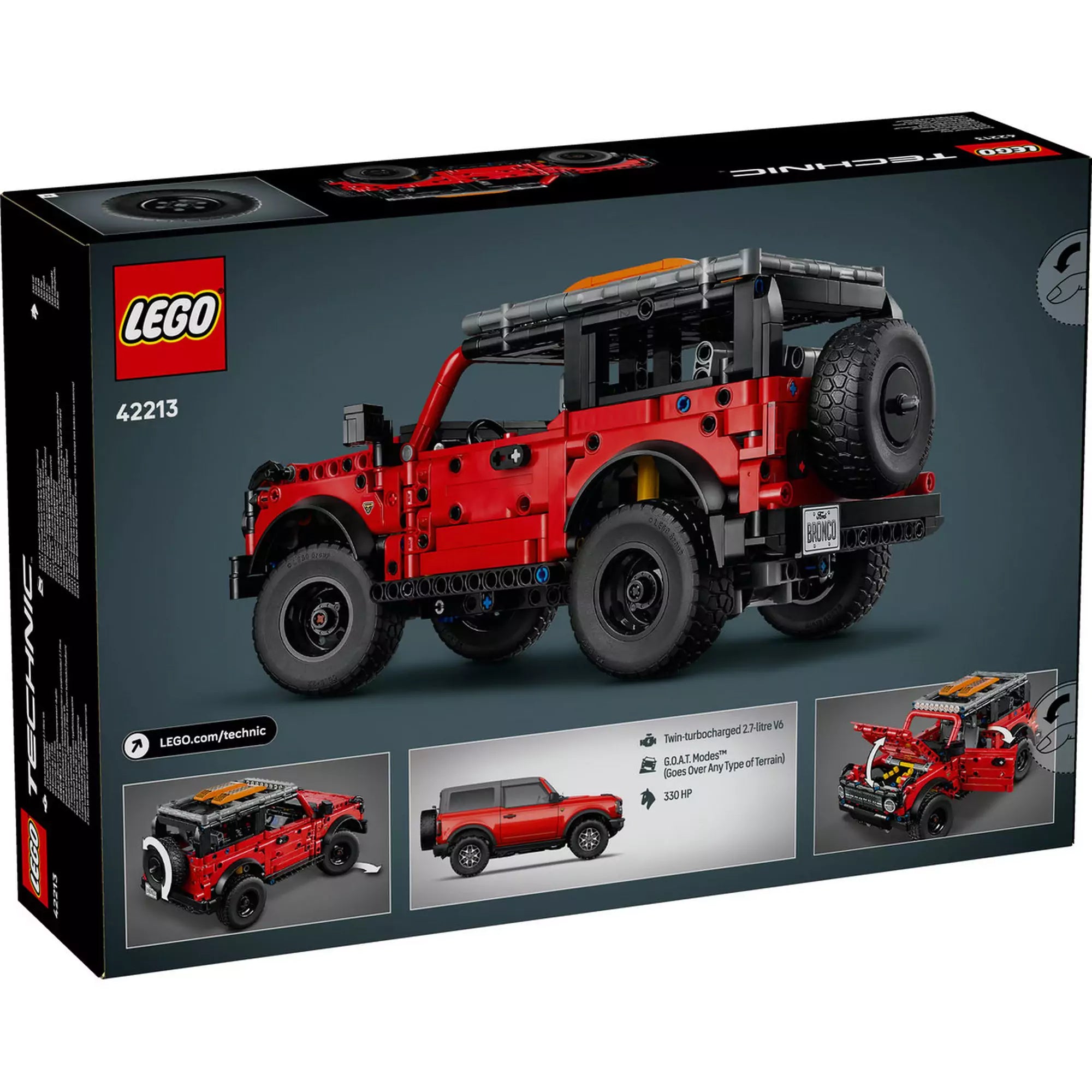 LEGO Technic Ford Bronco SUV (42213) dobozkép hátulról – A készlet hátoldala, részletes járműmodell, nyitható motorháztető és valódi autós inspiráció.