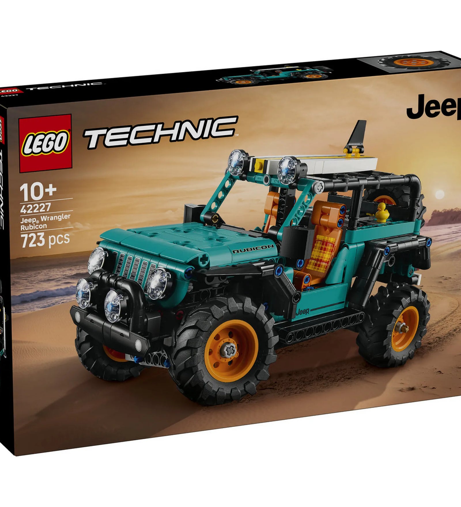 LEGO Technic: Jeep Wrangler Rubicon SUV 42227, 723 darabos készlet dobozképe, a zöld Jeep Wrangler Rubicon LEGO Technic modell a sivatagos háttér előtt.