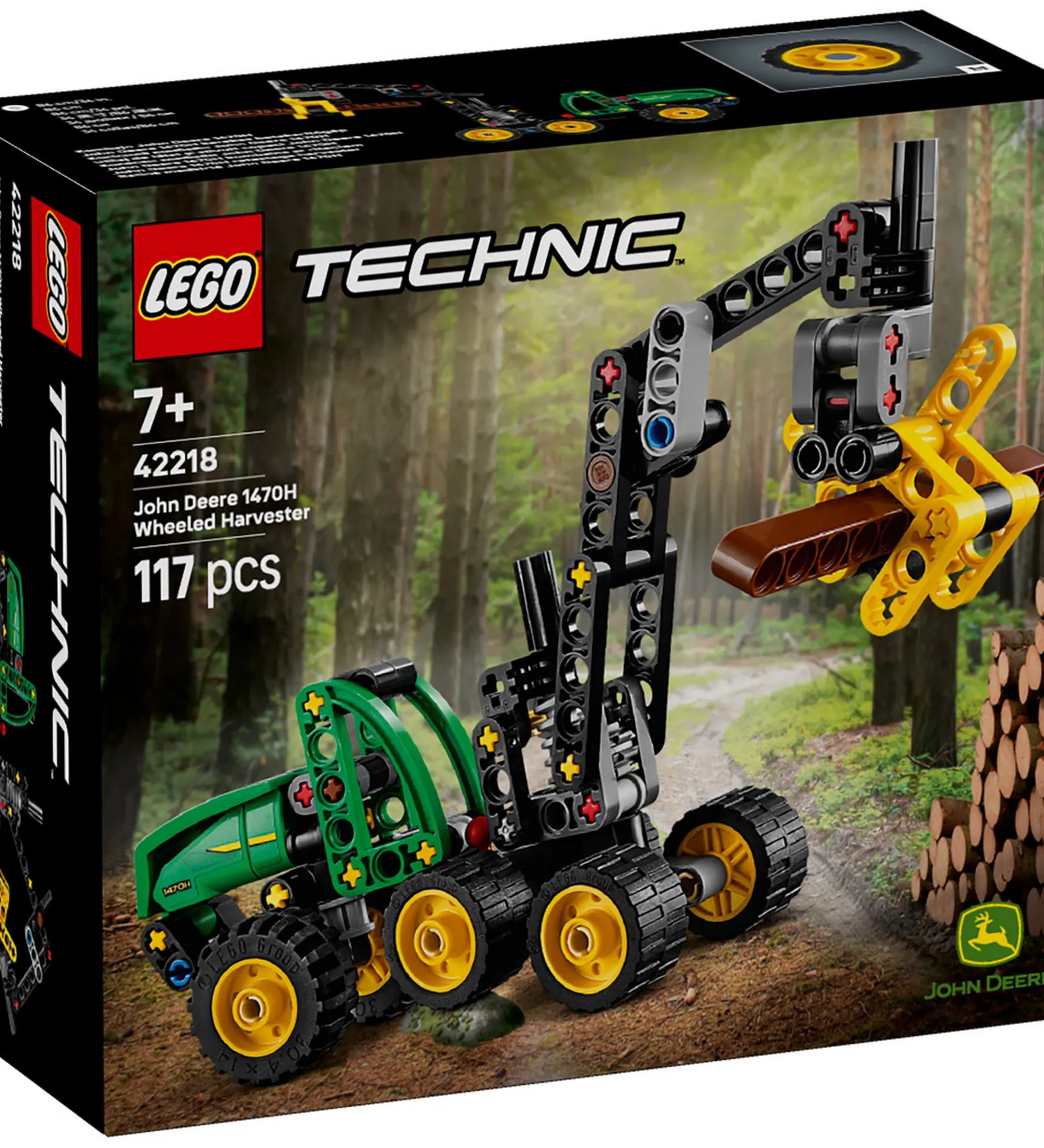 LEGO Technic: John Deere 1470H kerekes betakarítógép 42218 – A készlet dobozának eleje, az összeszerelt betakarítógéppel.