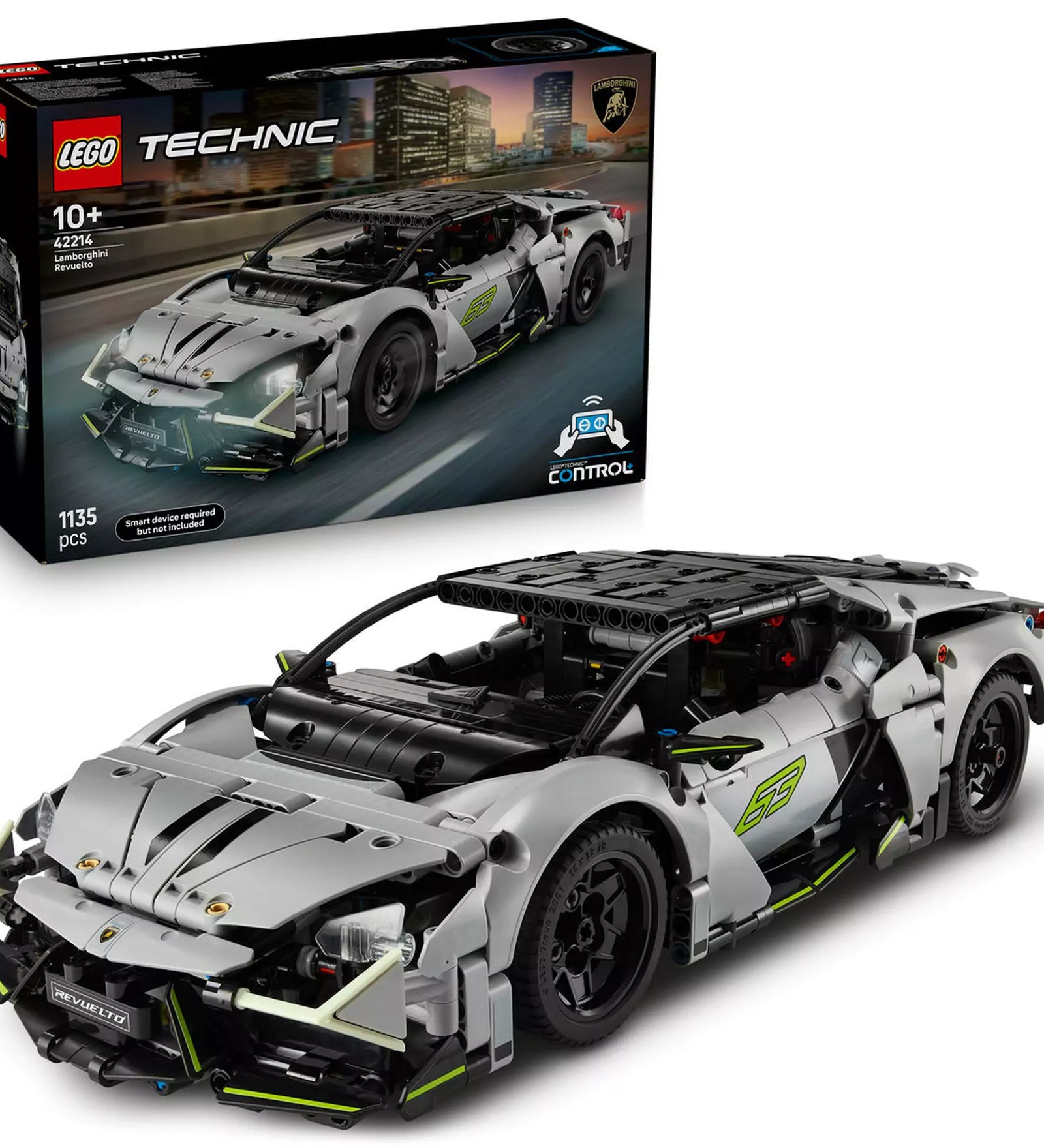 LEGO Technic Lamborghini Revuelto (42214) modell és doboz együtt – A szürke Lamborghini LEGO modell és a készlet doboza, gyűjtőknek is ideális.