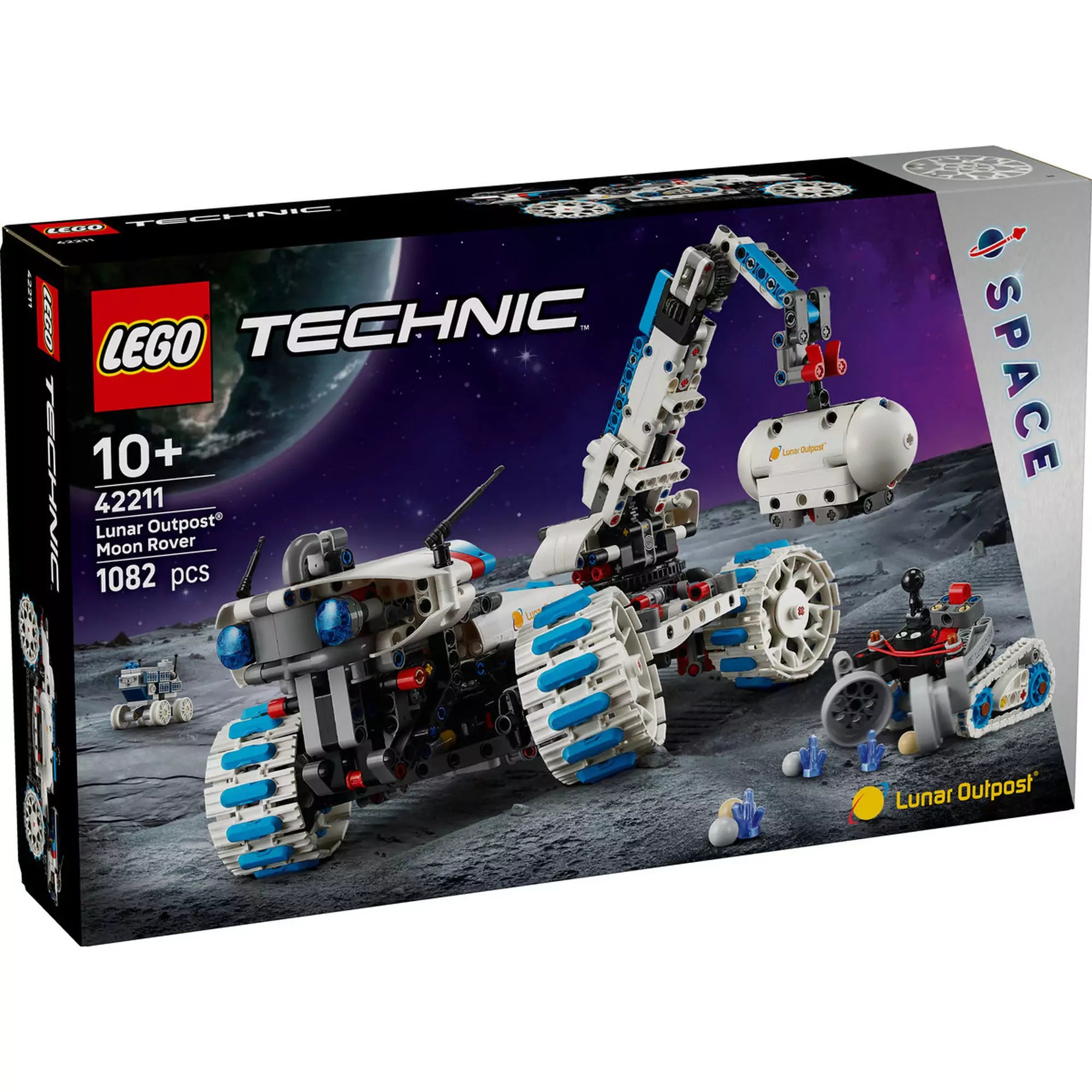 LEGO Technic Lunar Outpost Holdjáró (42211) dobozkép, 1082 elemmel, holdi háttérrel és a jármű funkcióinak bemutatásával.
