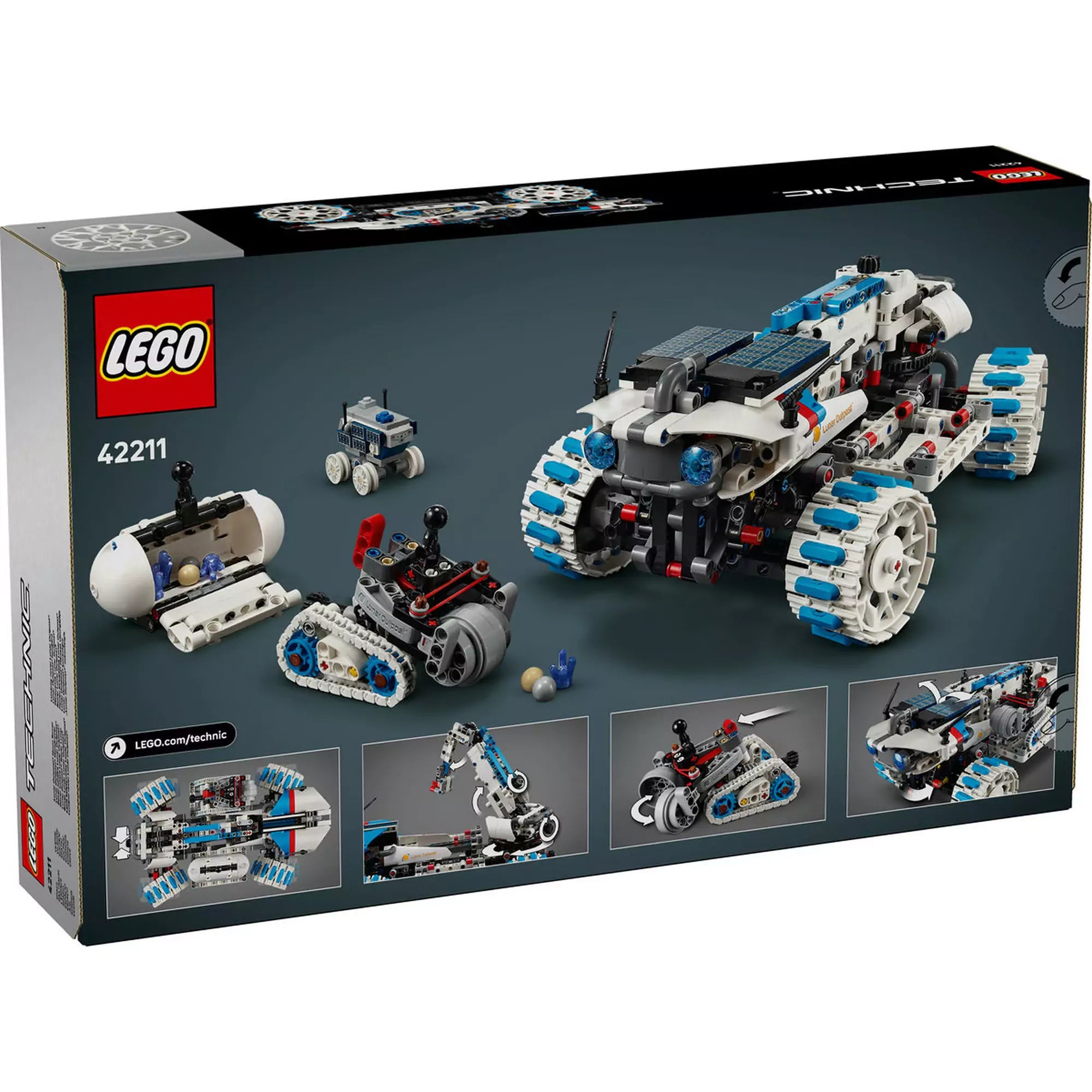 LEGO Technic Lunar Outpost Holdjáró (42211) doboz hátoldala, a holdjáró, a kis rover és a tartozékok részletes bemutatása.