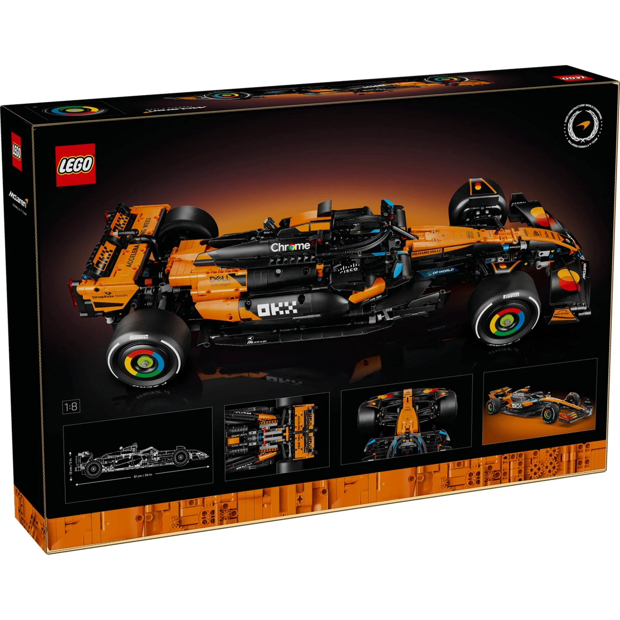 LEGO Technic McLaren MCL39 F1 autó (42228) építőkészlet dobozának hátoldala, amely bemutatja az 1:8 méretarányú Formula–1 modell részleteit és funkcióit.