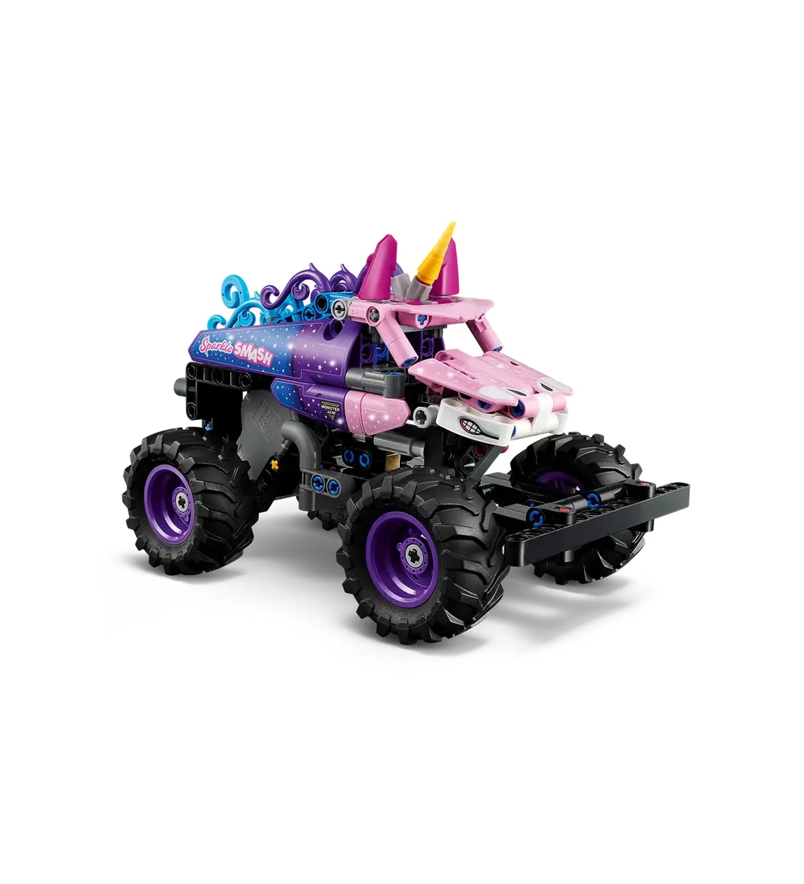 LEGO Technic Monster Jam Sparkle Smash 42220 megépített unikornis monster truck fehér háttéren