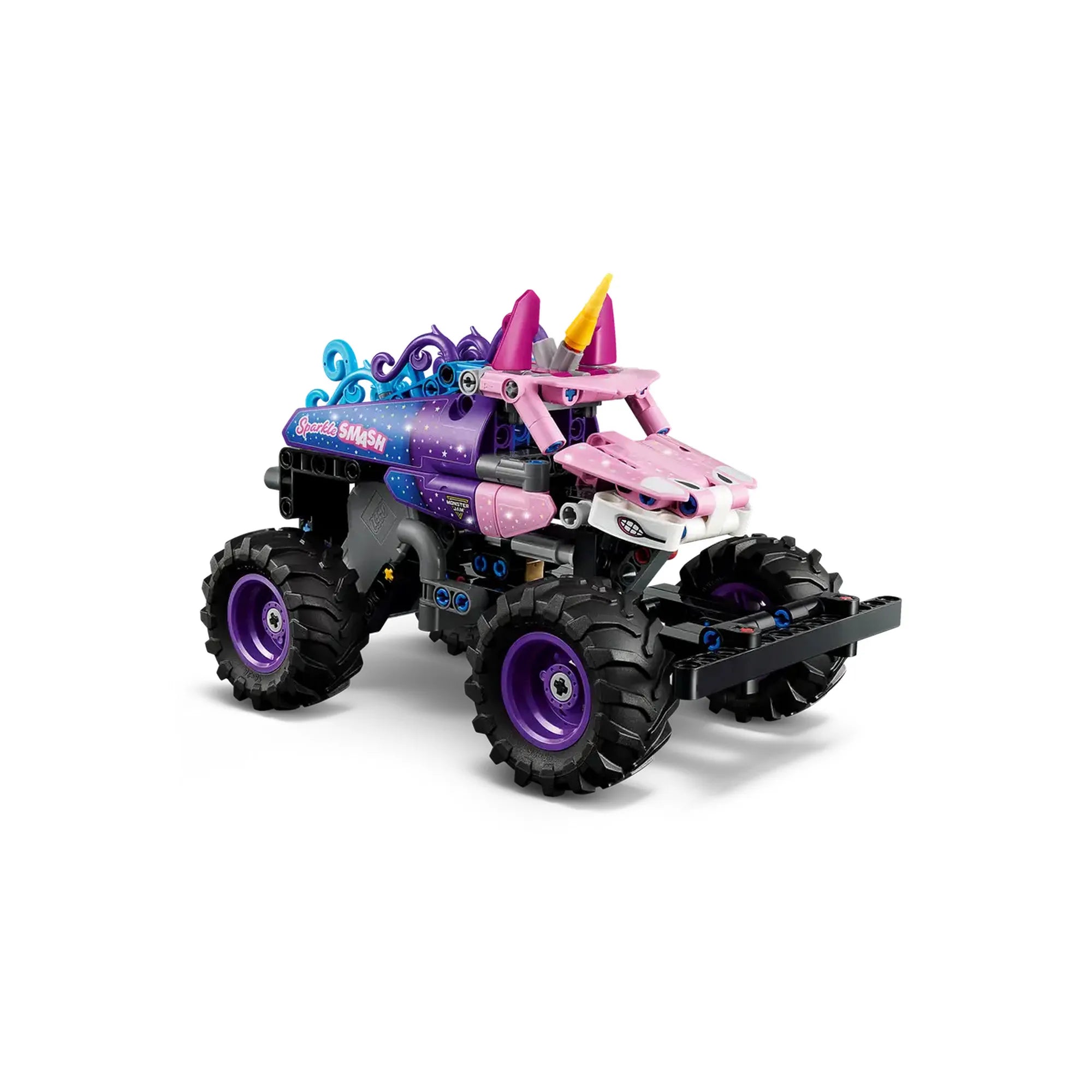 LEGO Technic Monster Jam Sparkle Smash 42220 megépített unikornis monster truck fehér háttéren