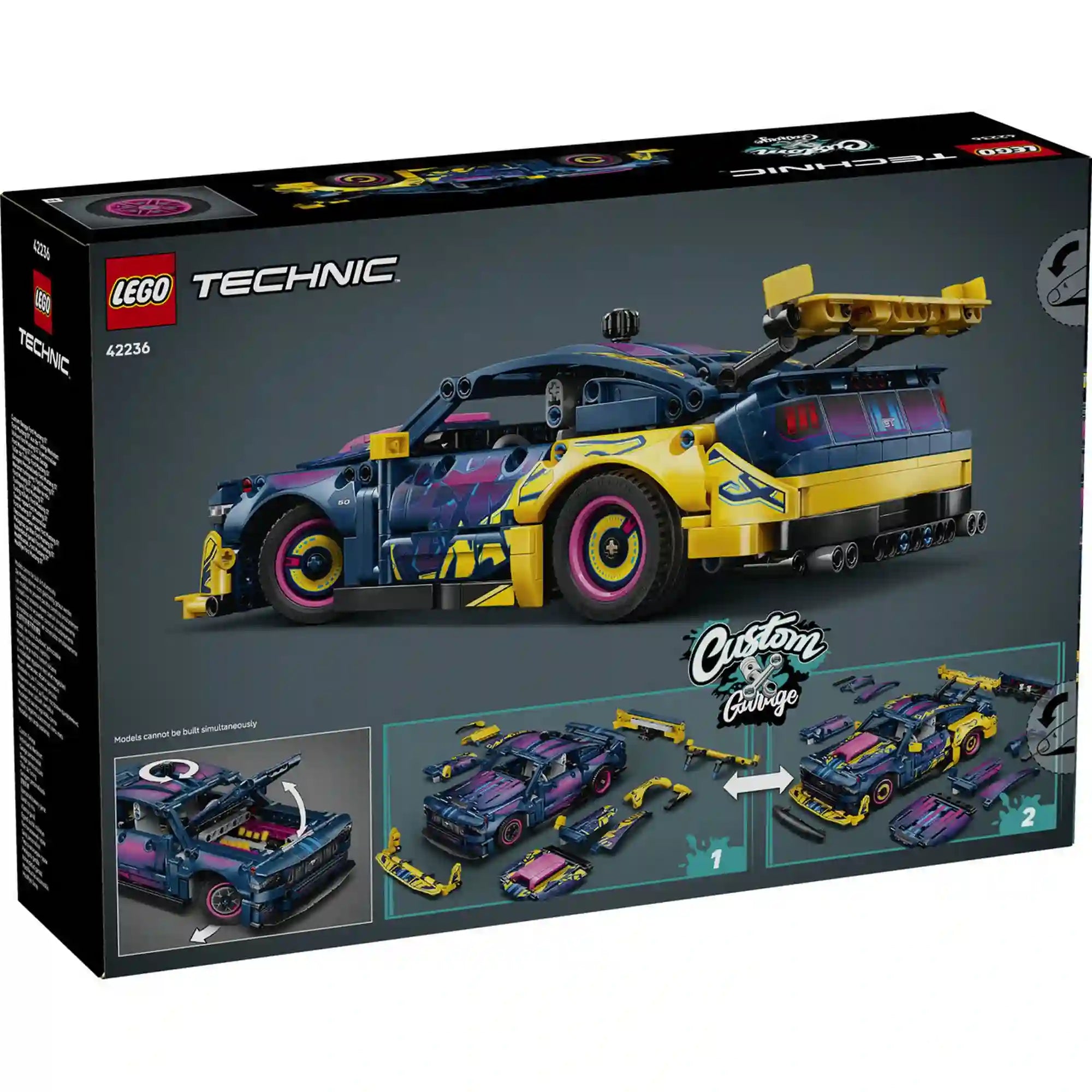 LEGO Technic Ford Mustang GT 42236 dobozának hátoldala, amely bemutatja az átalakítható dizájnt és a készlet funkcióit.