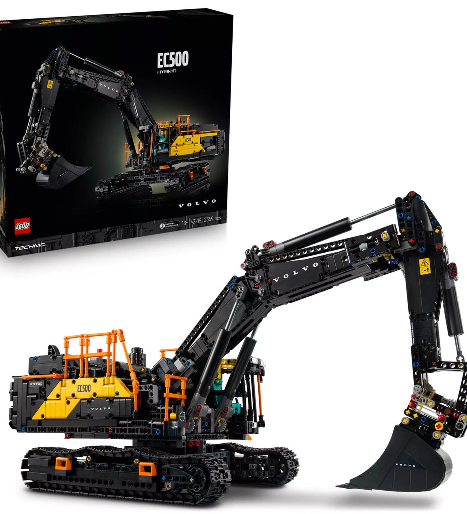 LEGO Technic Volvo EC500 Hybrid exkavátor (42215) modell és doboz együtt – A teljes LEGO modell és a készlet doboza, ideális kiállításra és gyűjtésre.