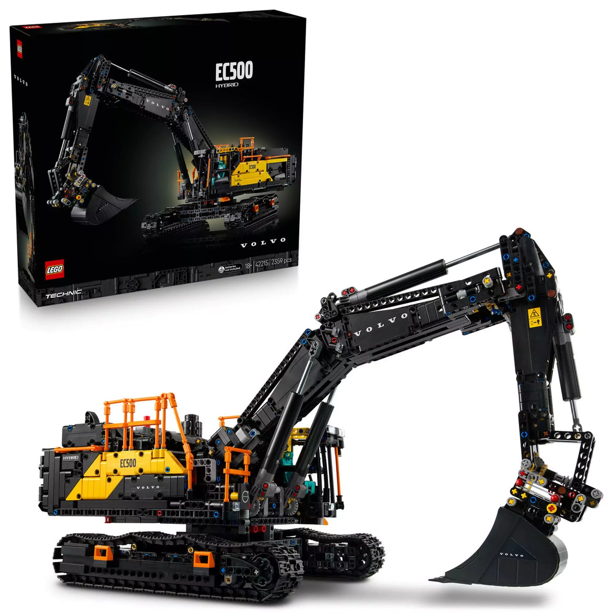 LEGO Technic Volvo EC500 Hybrid exkavátor (42215) modell és doboz együtt – A teljes LEGO modell és a készlet doboza, ideális kiállításra és gyűjtésre.