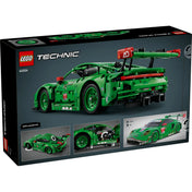 LEGO Technic Porsche 911 GT3 R REXY AO Racing (42224) készlet dobozának hátoldala, funkciókat és belső mechanikát bemutató képekkel