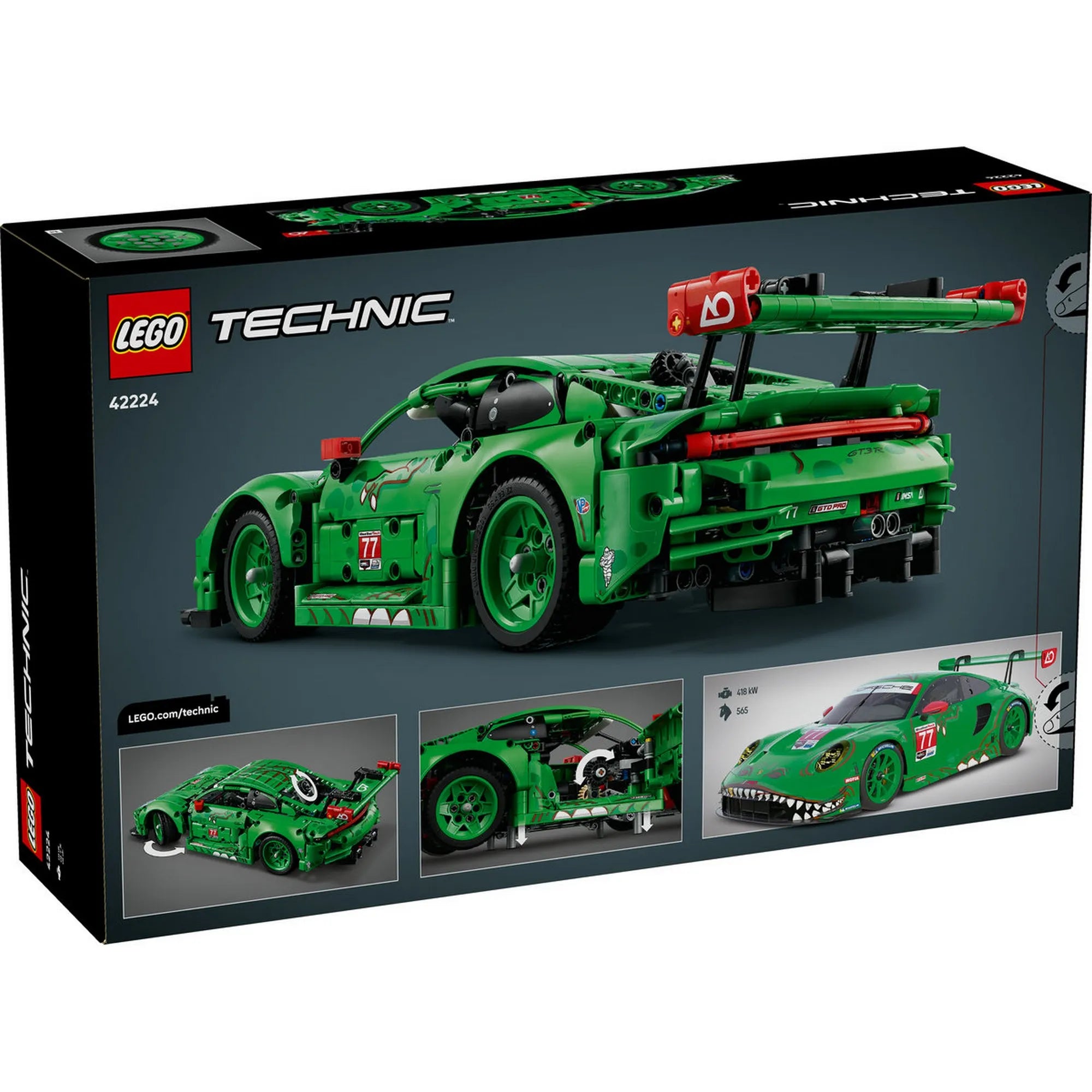 LEGO Technic Porsche 911 GT3 R REXY AO Racing (42224) készlet dobozának hátoldala, funkciókat és belső mechanikát bemutató képekkel