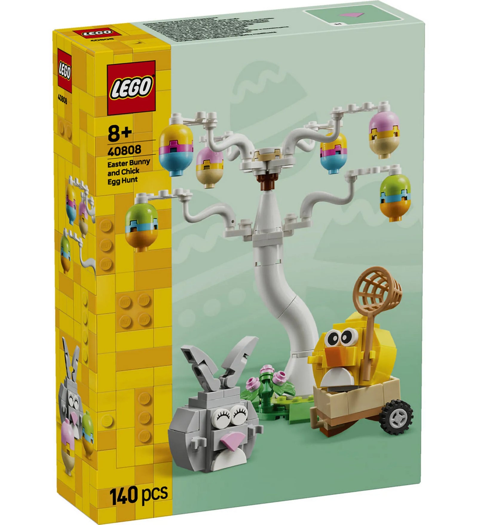 LEGO Tojásvadászat nyuszival és csibével 40808 – A LEGO húsvéti készlet dobozának előlapja, tojásvadászat témájú építménnyel és figurákkal.