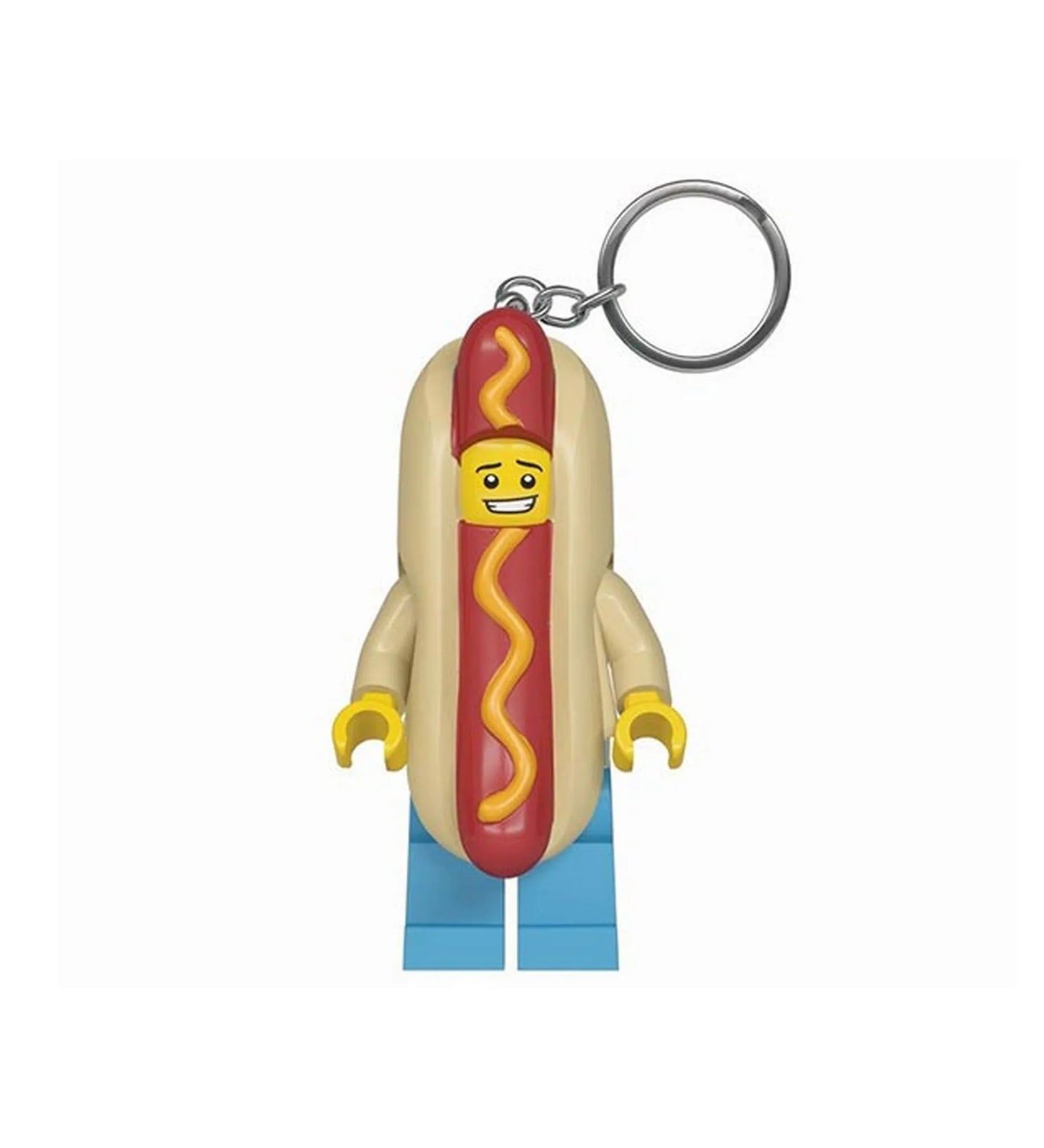 Közelről fotózott LEGO Hot Dog figura kulcstartó LED-es lámpával, részletesen kidolgozott minifigurával, amely láncon és kulcskarikán lóg.
