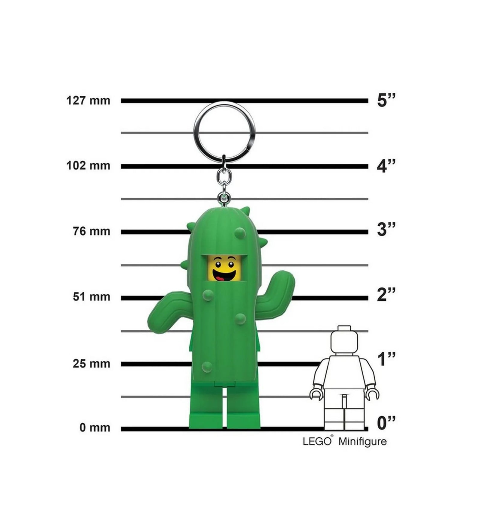 A LEGO Kaktusz jelmezes kulcstartó méretarányos képe, amelyen a zöld kaktuszruhás minifigura vicces arckifejezéssel látható, mögötte magasságmérő skálával.