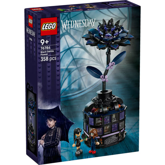 LEGO Wednesday: Fekete dália (76784) doboza, rajta a fekete dália virág váza alakú üvegházzal és minifigurákkal.