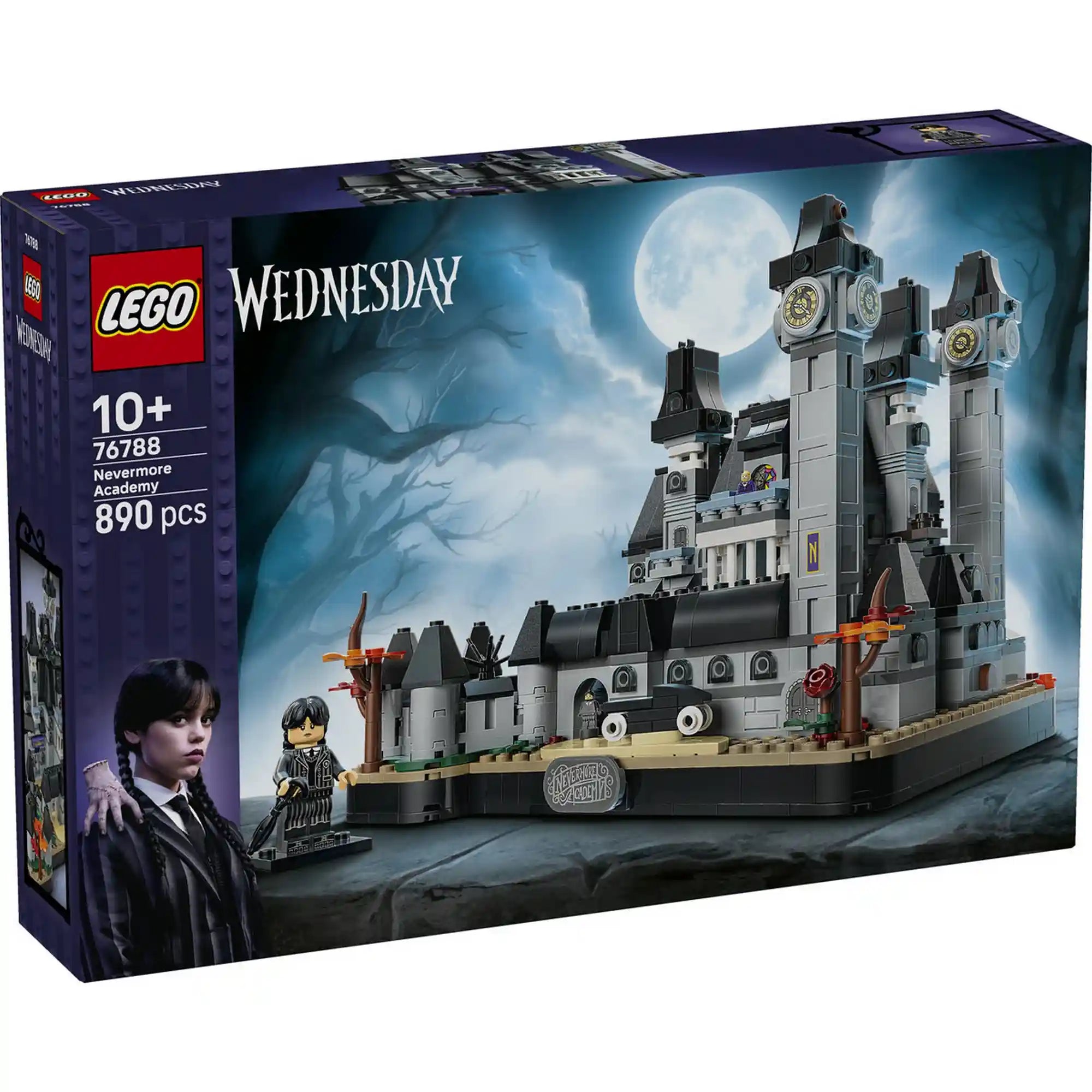 LEGO Wednesday: Nevermore Akadémia 76788 készlet doboza, a gótikus kastély, Wednesday és a telihold ábrázolásával.