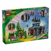 A LEGO Wicked – Emerald City & Kiamo Ko Castle (75689) doboz hátoldala funkciókat bemutató körképekkel.