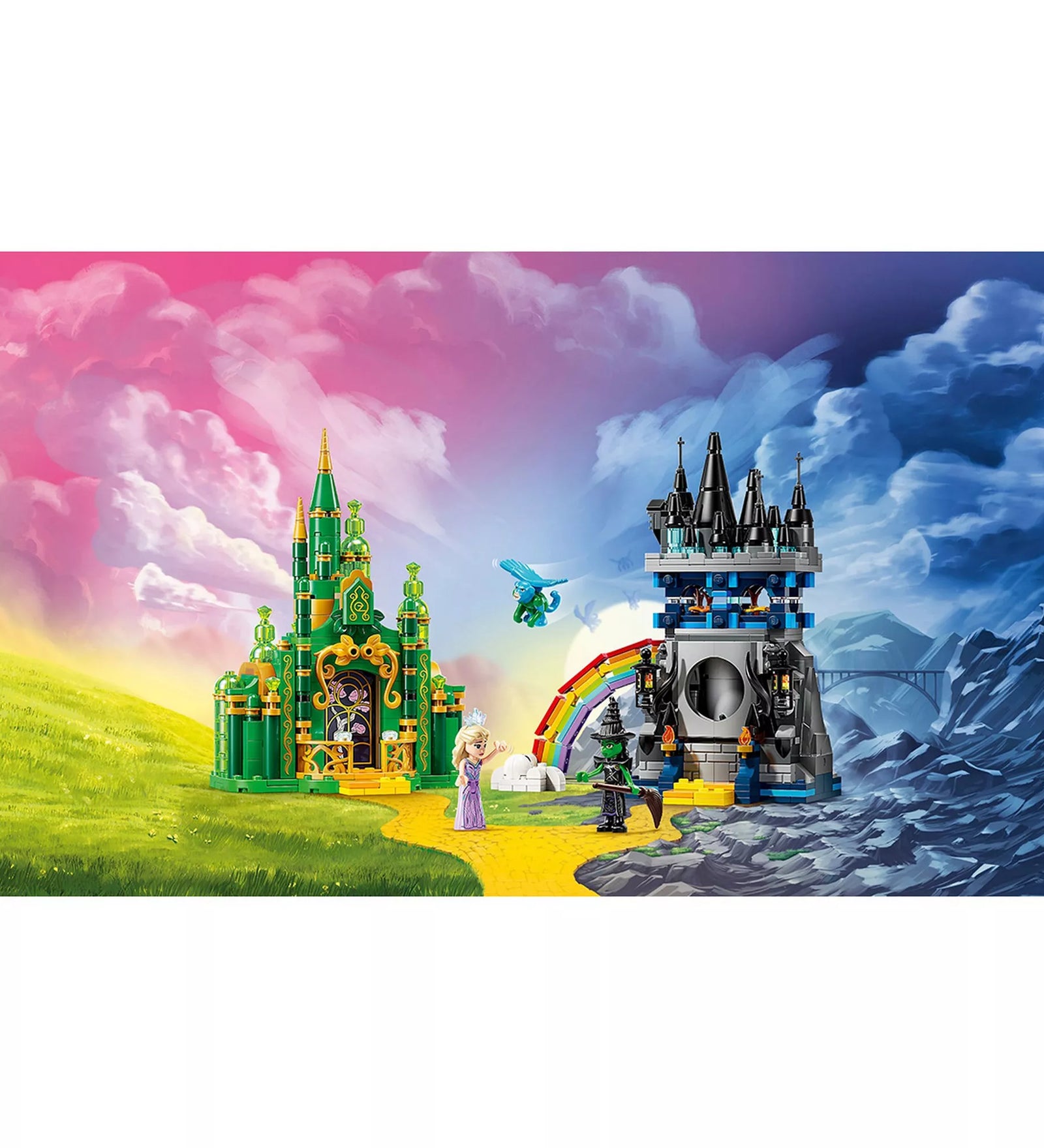 A LEGO Wicked – Emerald City & Kiamo Ko Castle (75689) teljes jelenete a Smaragdvárossal, a Kiamo Ko kastéllyal és a szereplőkkel.