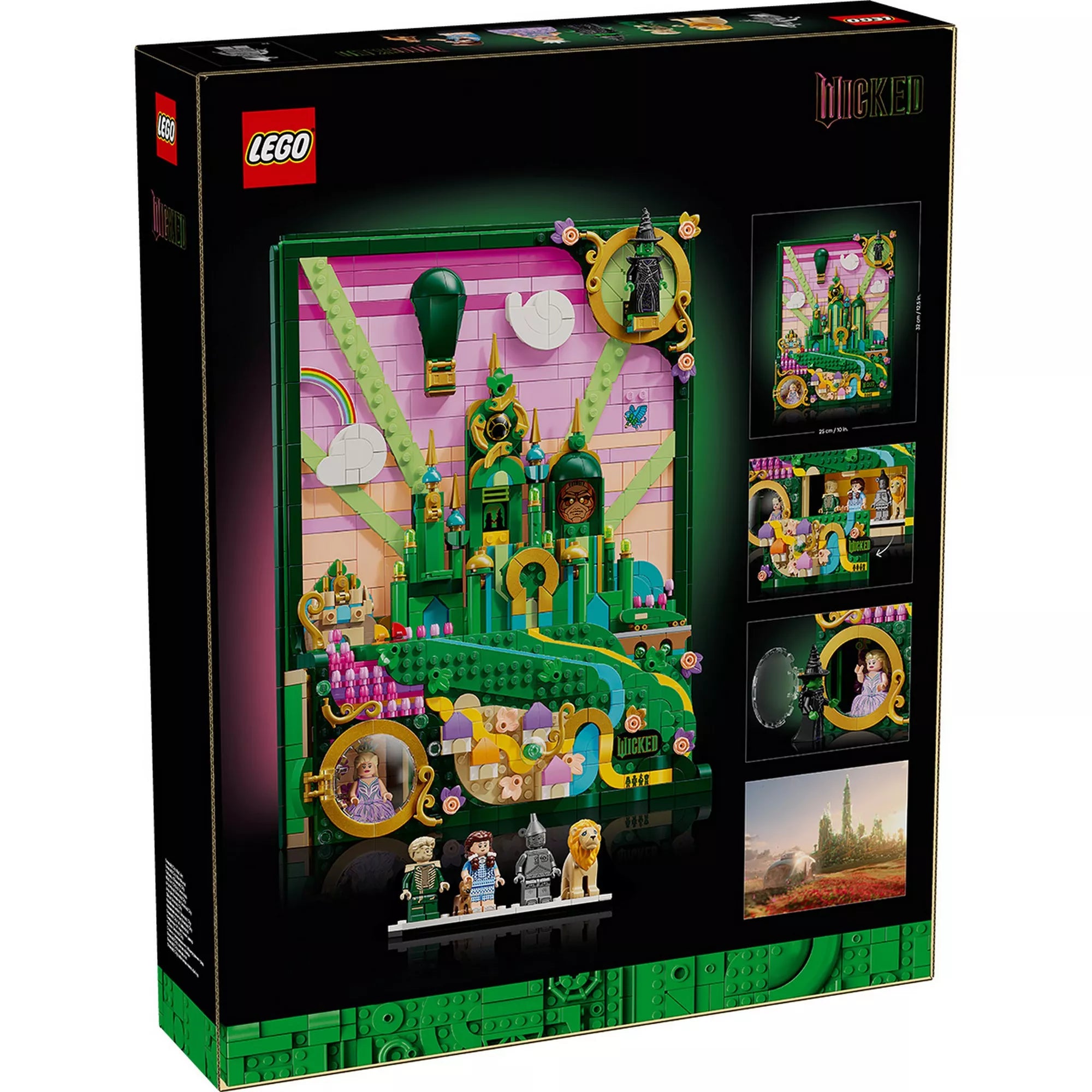 A LEGO Wicked Emerald City falikép (75685) dobozának hátoldala, amely több betekintő képen mutatja a készlet részleteit: a titkos rekeszt a minifigurákkal, Glinda körablakát, valamint a falra akasztott dekorációként használható modellt. A fő képen a teljes 3D-s falikép látható.