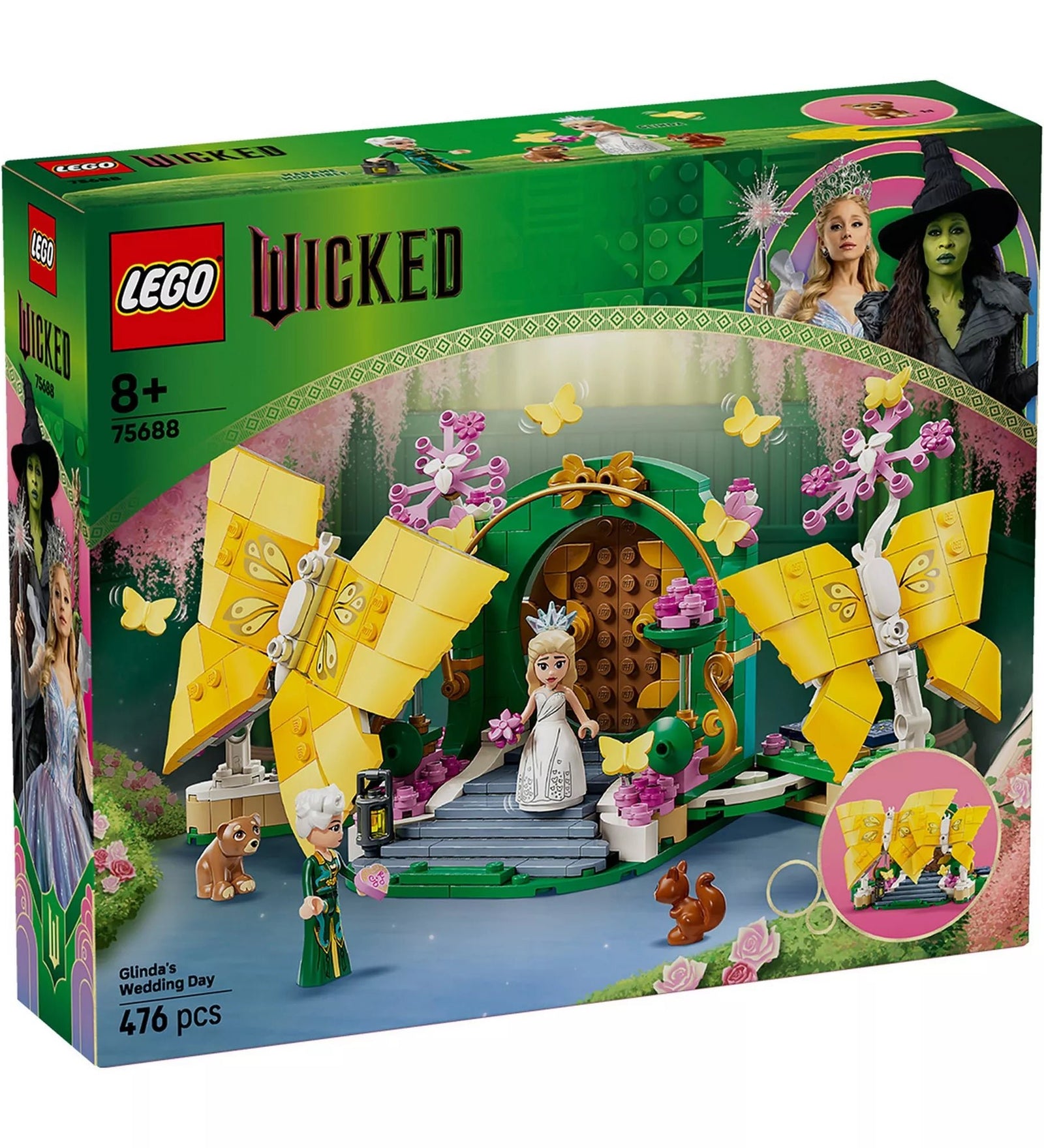 A LEGO Wicked: Glinda esküvője (75688) doboza, a zöld kapuval, nagy sárga pillangókkal és Glinda mini babájával.