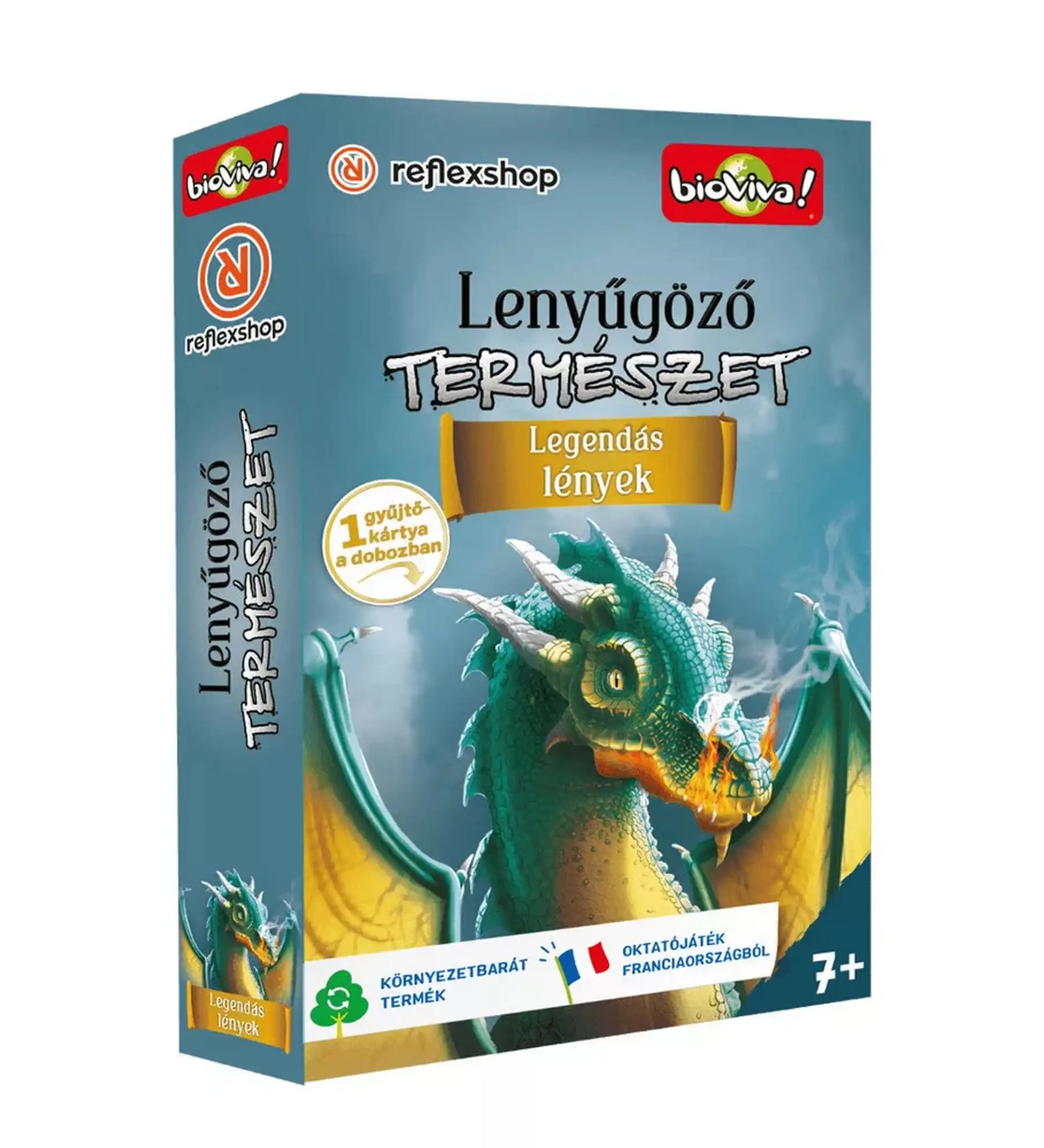 A Lenyűgöző természet: Legendás lények kártyajáték doboza látható, amelyet egy tüzet okádó sárkány illusztrációja díszít. A fantáziavilágot idéző borító jól tükrözi a játék témáját, amely a legismertebb mitológiai és legendás lényeket mutatja be játékos, ismeretterjesztő formában.